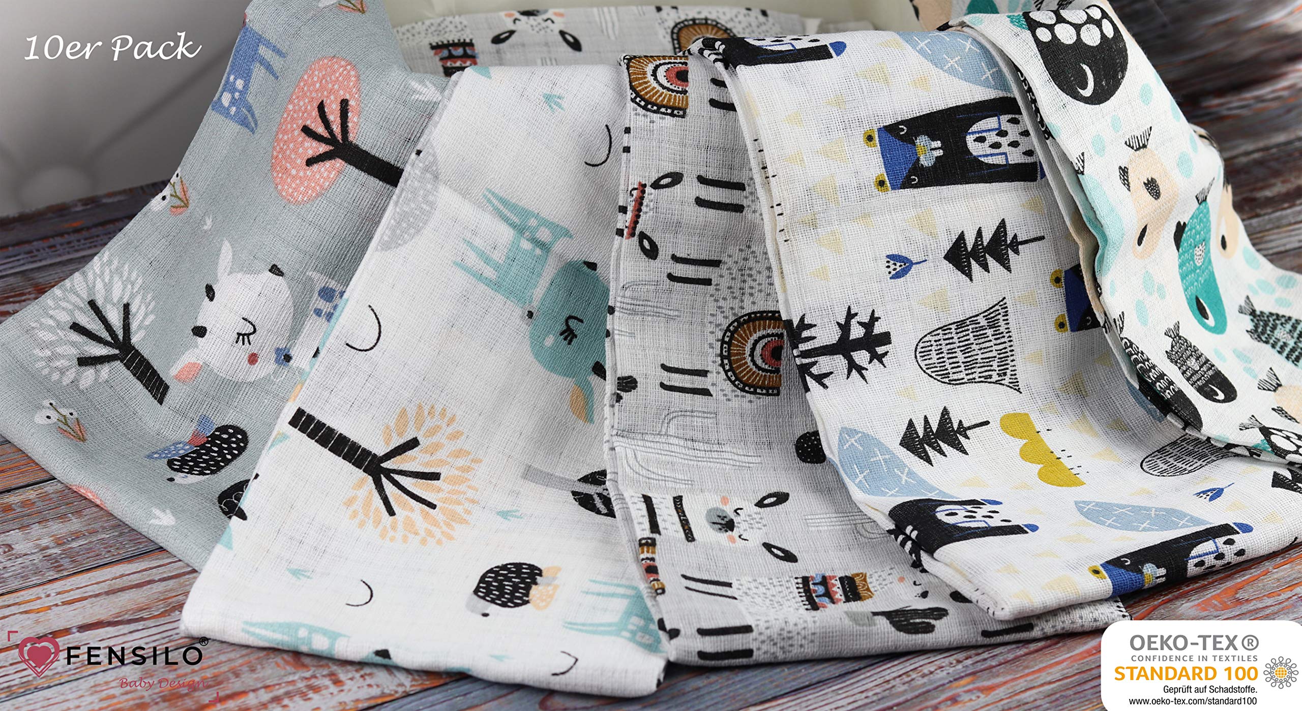 FENSILO,Chiffons en Gaze,Lot de 10 Couches 70x80 cm,Couches en Tissu, fabriquées en UE, certifiées sans substances nocives,Gris,Blanc