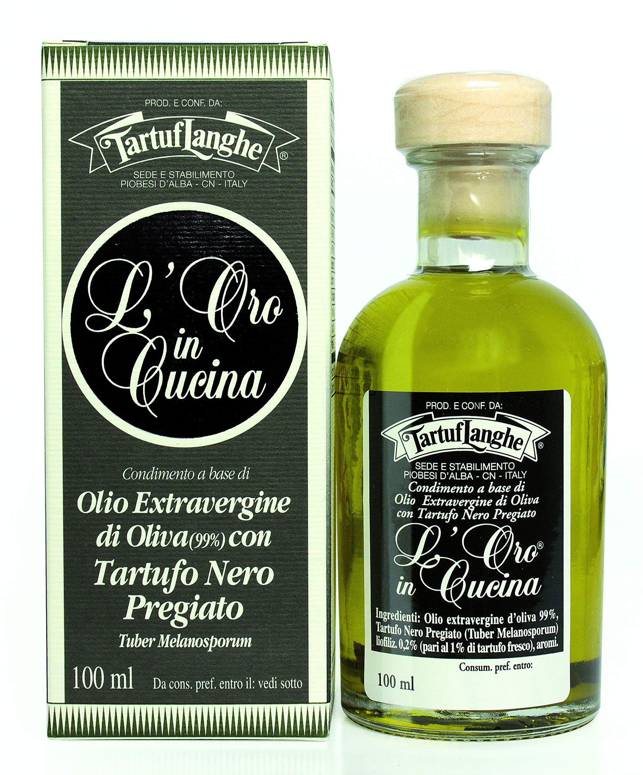 Tartuflanghe - ORO IN CUCINA: OLIO EXTRAV.d'OLIVA con TARTUFO NERO PREGIATO (Tuber melanosporum) in fette 100ml
