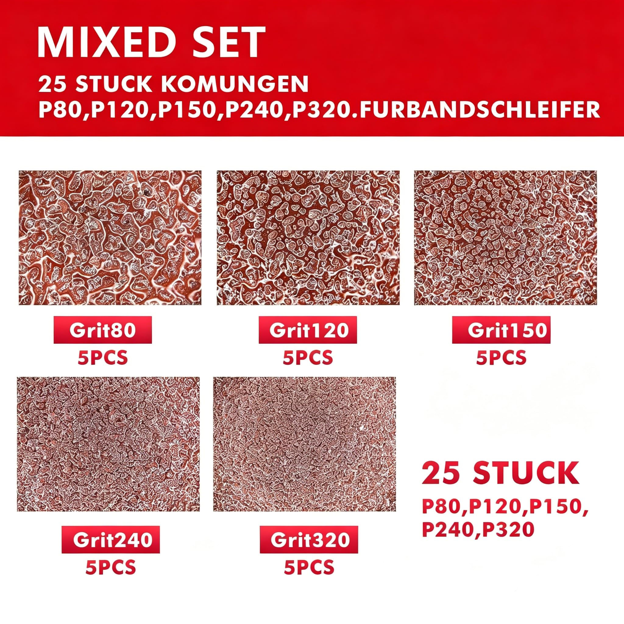 Schleifbänder, schleifband 75 x 533 mm, Set mit 25 Stück, Körnungen (P80x5, P120x5, P150x5, P240x5, P320x5), für Bandschleifer