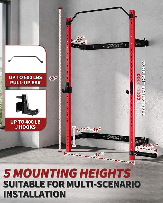 Folding Wall Mounted Squat Rack, 1000 Pounds Capacity Power Rack with Pull Up Bar, J Hooks and Other Attachments, Space Saving Multi-Functional Power Cage for Home Gym