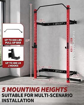 Folding Wall Mounted Squat Rack, 1000 Pounds Capacity Power Rack with Pull Up Bar, J Hooks and Other Attachments, Space Saving Multi-Functional Power Cage for Home Gym