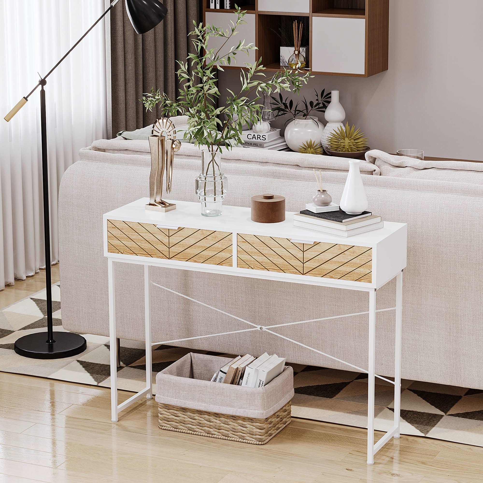 HOMCOM Consolle Moderna con 2 Cassetti, Tavolo per Ingresso in Metallo con Struttura Incrociata, Tavolino per Soggiorno, Bianco