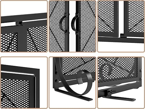 Miniatura 4 de Fire Beauty Pantalla de chimenea con puertas con bisagras Borde de hierro fundido, marco de acero resistente, malla metálica duradera, protector de