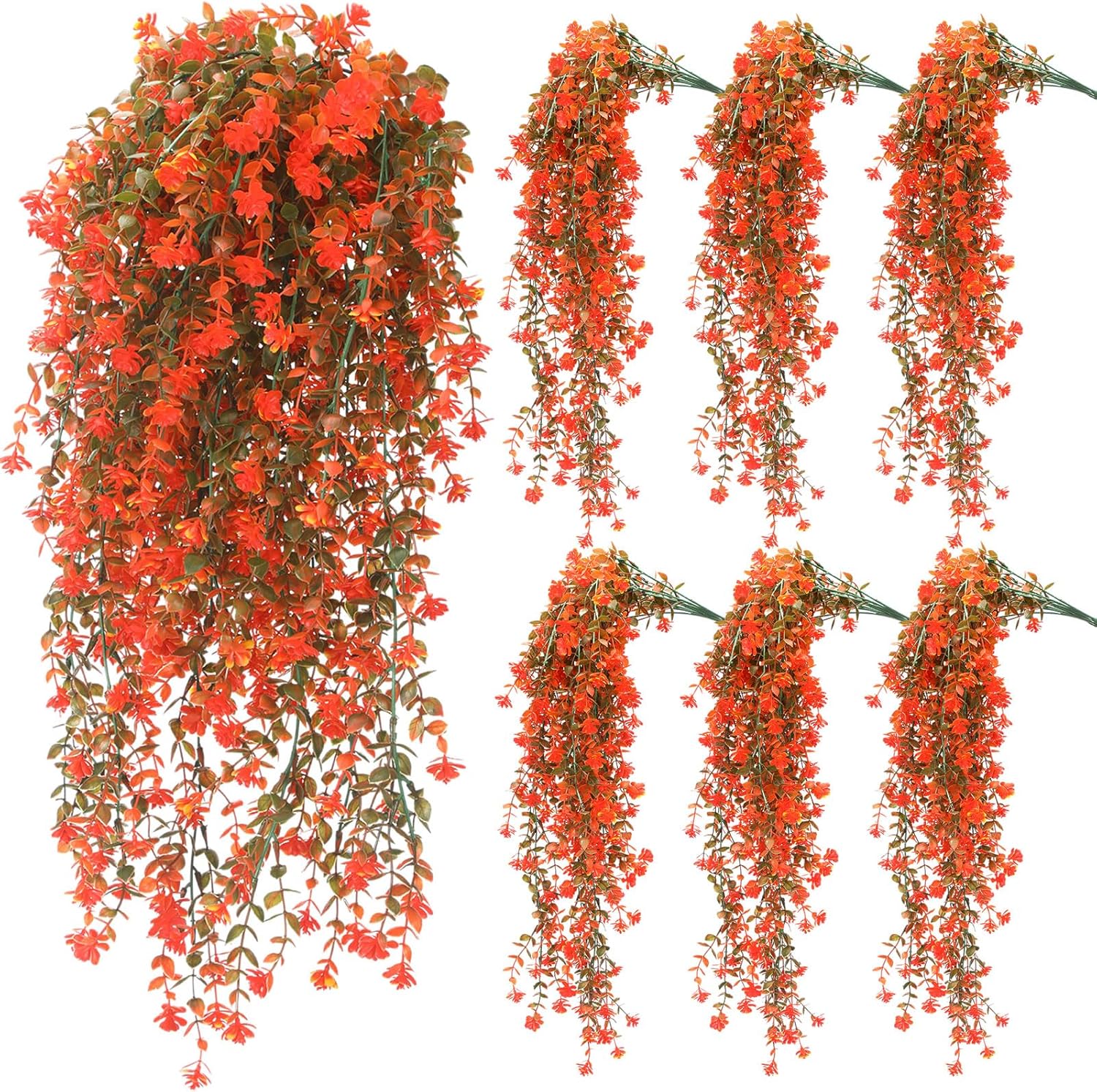 FineCheer 6 Pcs Spring Artificial Hanging Flowers Outdoor Faux Silk Mum Plant Decor Violet with Eucalyptus Realistic UV Resistant Trailing Vine Spring Porch Yard(Fresh Color,Plastic Style)