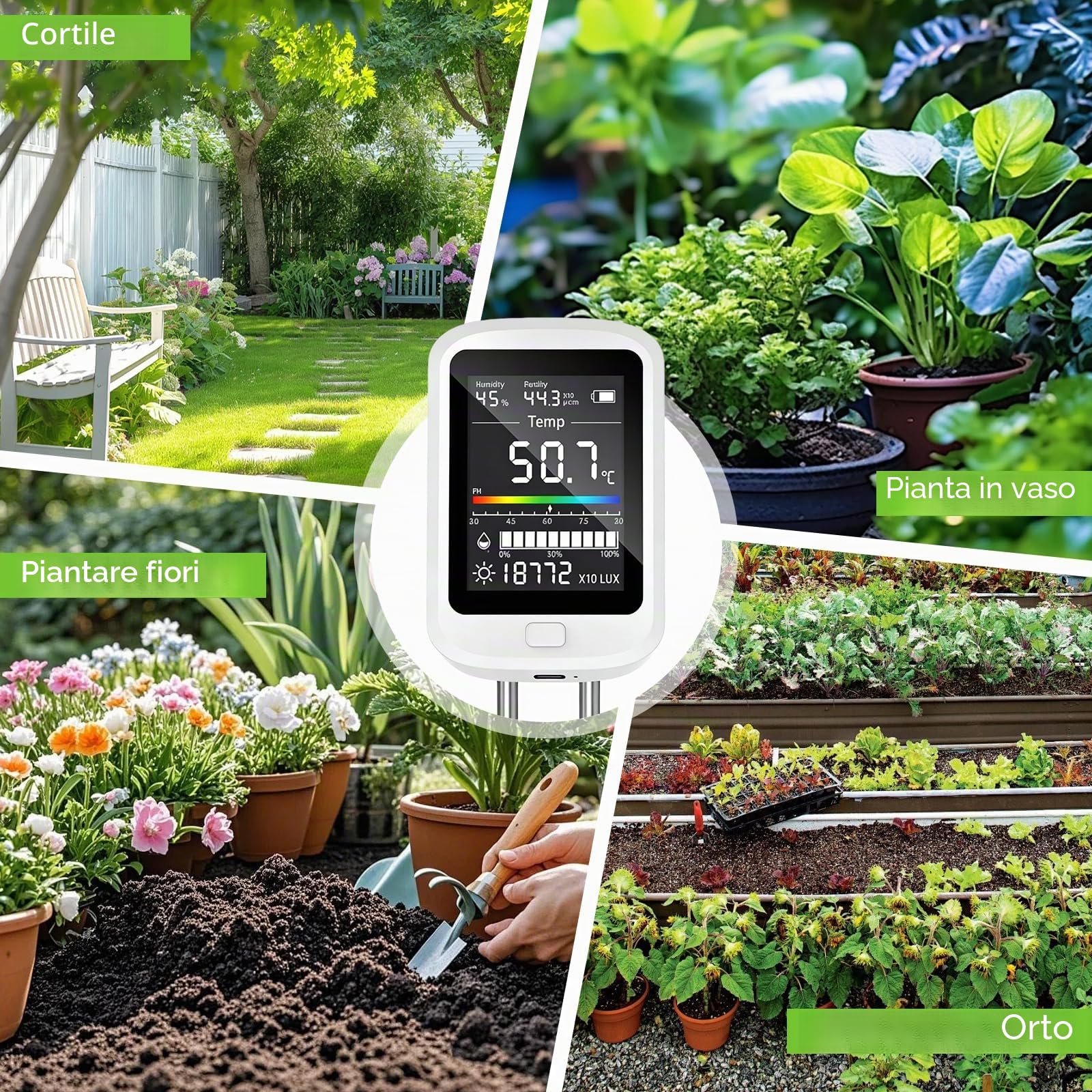 PORFOYO Tester PH Sol 6 in 1, tester di umidità e valore PH digitale con temperatura, luce, fertilità, display LCD per giardino, fattoria, prato e piante