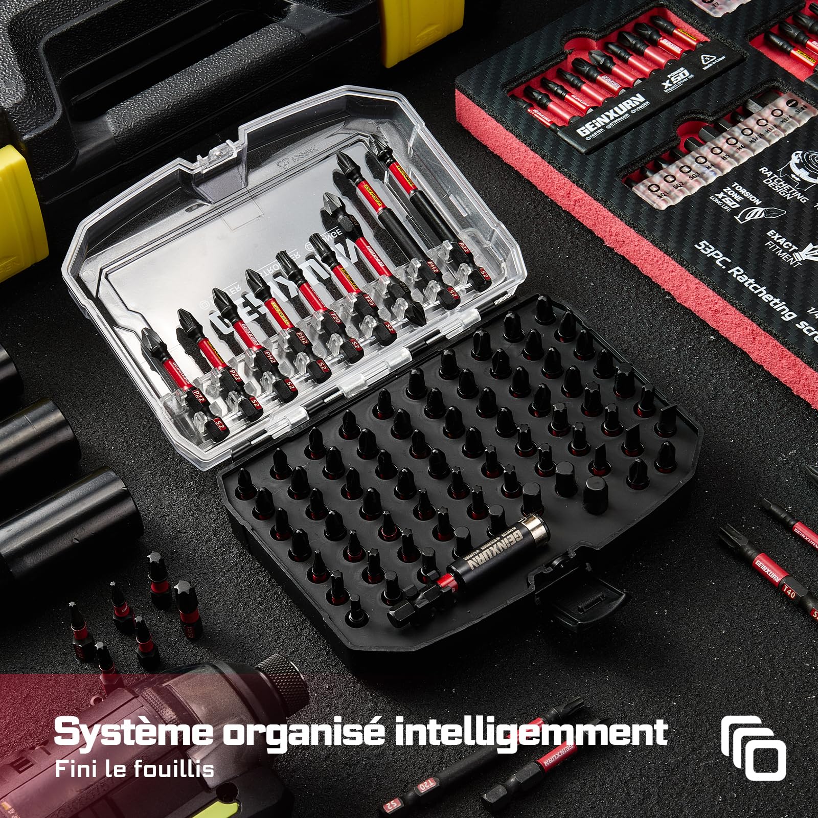 GEINXURN 83 Pièces Coffret d’embouts de Tournevis en Acier S2 Magnétique Torx/Phillips/Pozidriv/Plat/Hex Embouts de Vissage, Porte-embout, Adaptateur de Douille avec Boîte de Rangement Noire