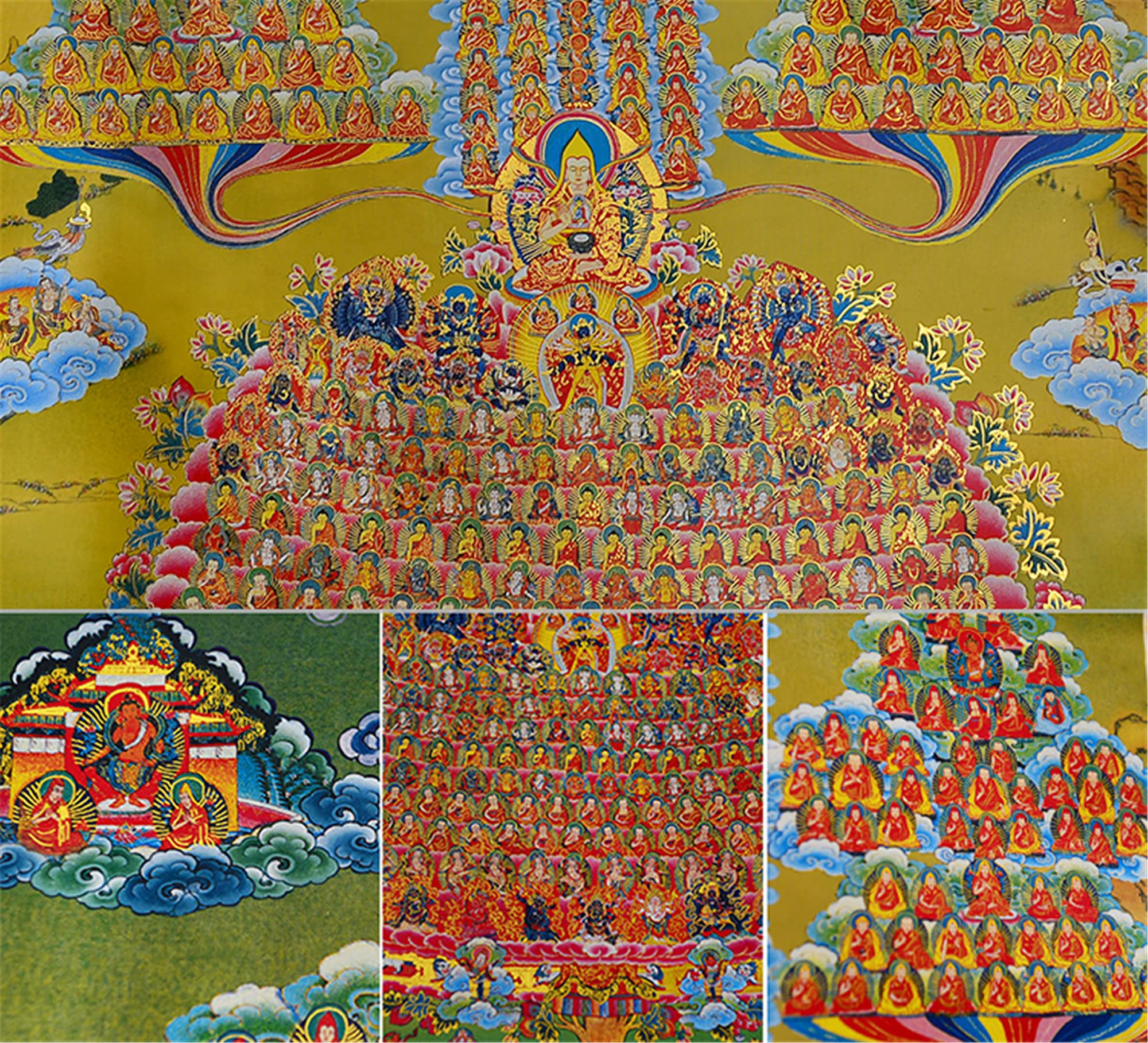 Gandhanra Thangka Tibetische Wandbehang,Je Tsongkhapas Zufluchtsbaum Thangka,Heißgeprägter Buddha Wandteppich für Zen Wohnkultur, Meditation, Spirituelle Entspannung und Ruhe