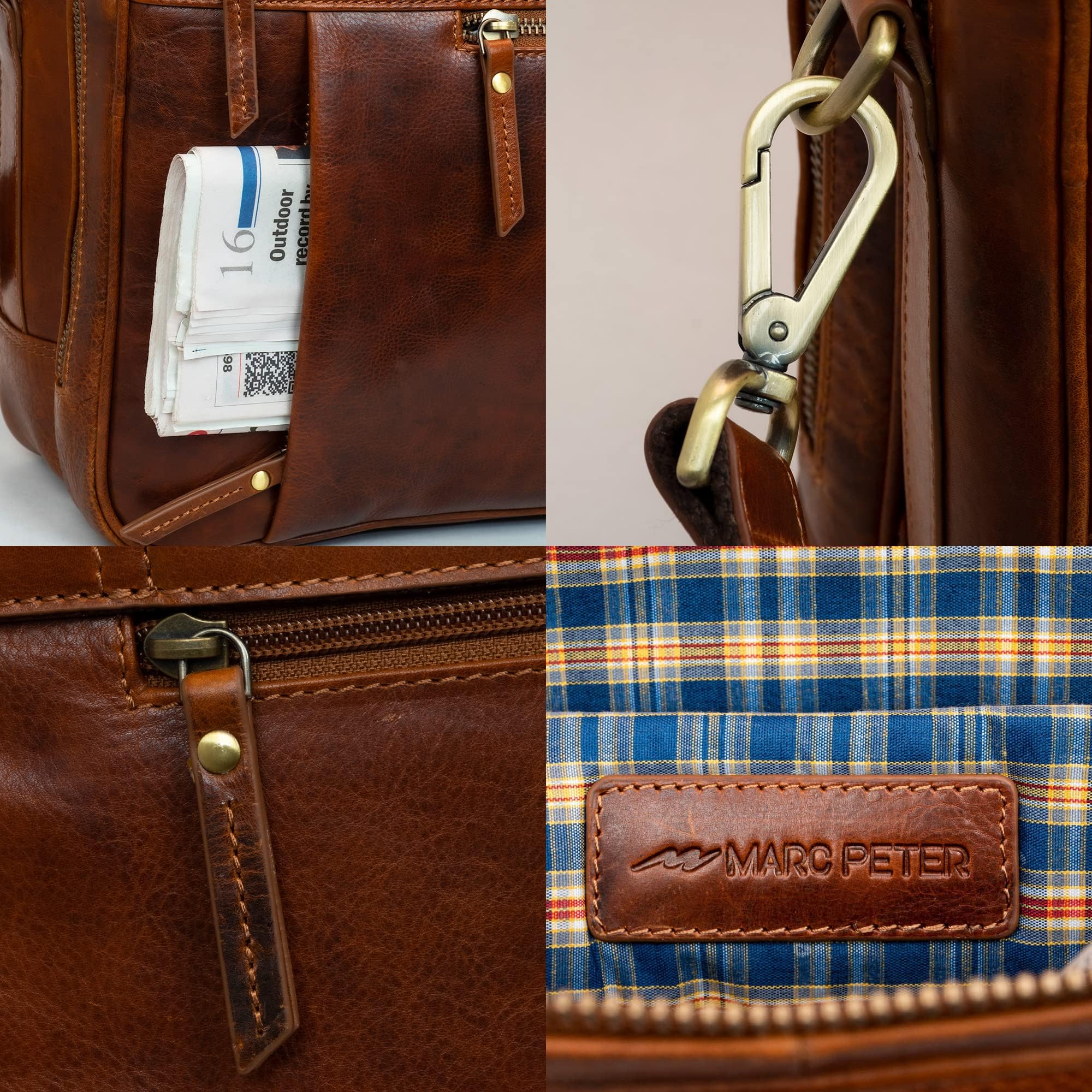 Marc Peter Bolso bandolera de piel para ordenador portátil de 15,6 pulgadas, maletín para ordenador portátil, para hombre y mujer, Bronceado, Mittelgroß