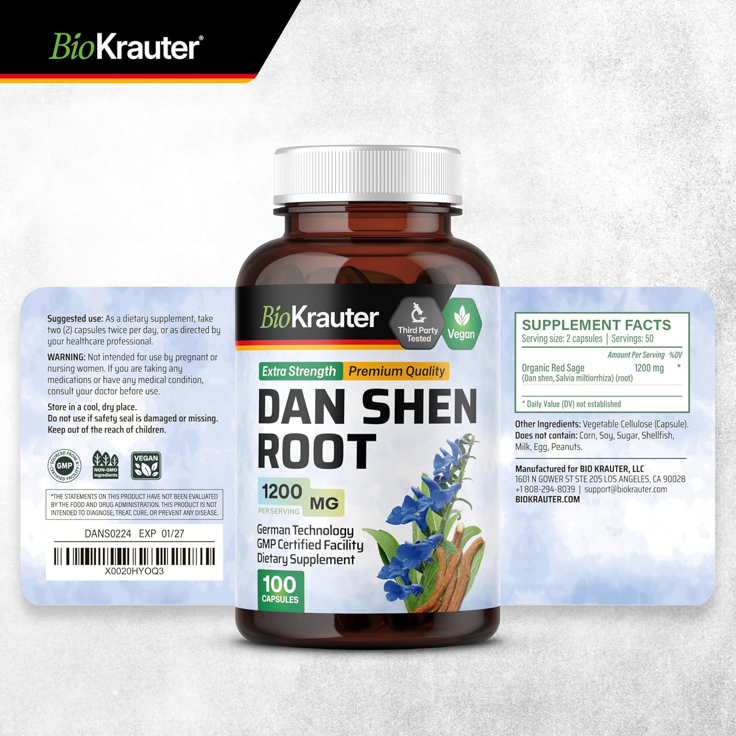 BIO KRAUTER Dan Shen Root Capsules - 1200 mg Strength - 100 Red Sage Caps - Antioxidant Source - Salvia Miltiorrhiza Root - Vegan - Image 8