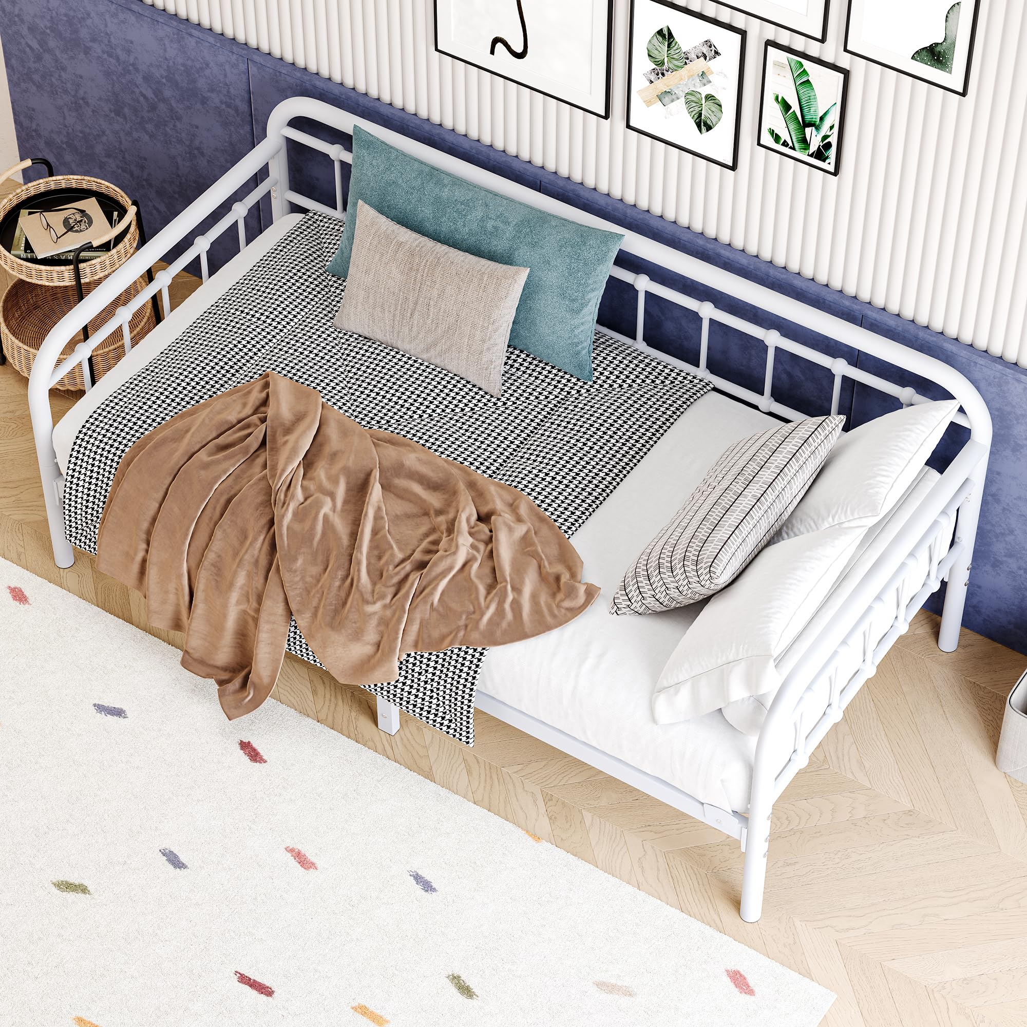 Tagesbett Bettgestell 90x190 cm, Robuste Stahl Plattformbett, Weiß | Metall Tagesbett 90x190 cm, stabile Stahlkonstruktion, robuste Latten, ideal als Gästebett für Schlafzimmer und Wohnzimmer