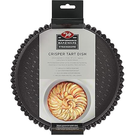 Tala Performance 23 cm dia Crisper Round Tart Tin, Professional Gauge Carbon Steel with Eclipse Premium Non-Stick Coating, Tart Pan with Loose Base for quick and easy release, Perforated Base, Black