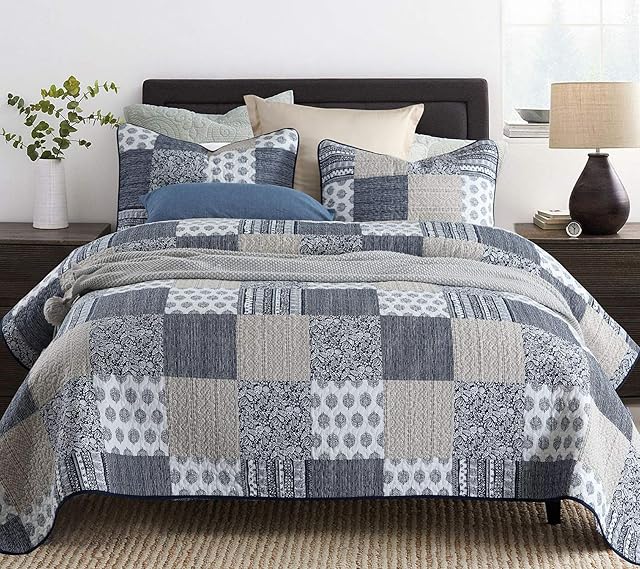 Vivilineneu Quilted Bedspreads Coverlets Set 3 Pieces King Size 100% Cotton Patchwork Quilts Set Reversible Bedding Set Lightweight Bed Throw with 2 Pillow Shams Navy Blue 230x250cm