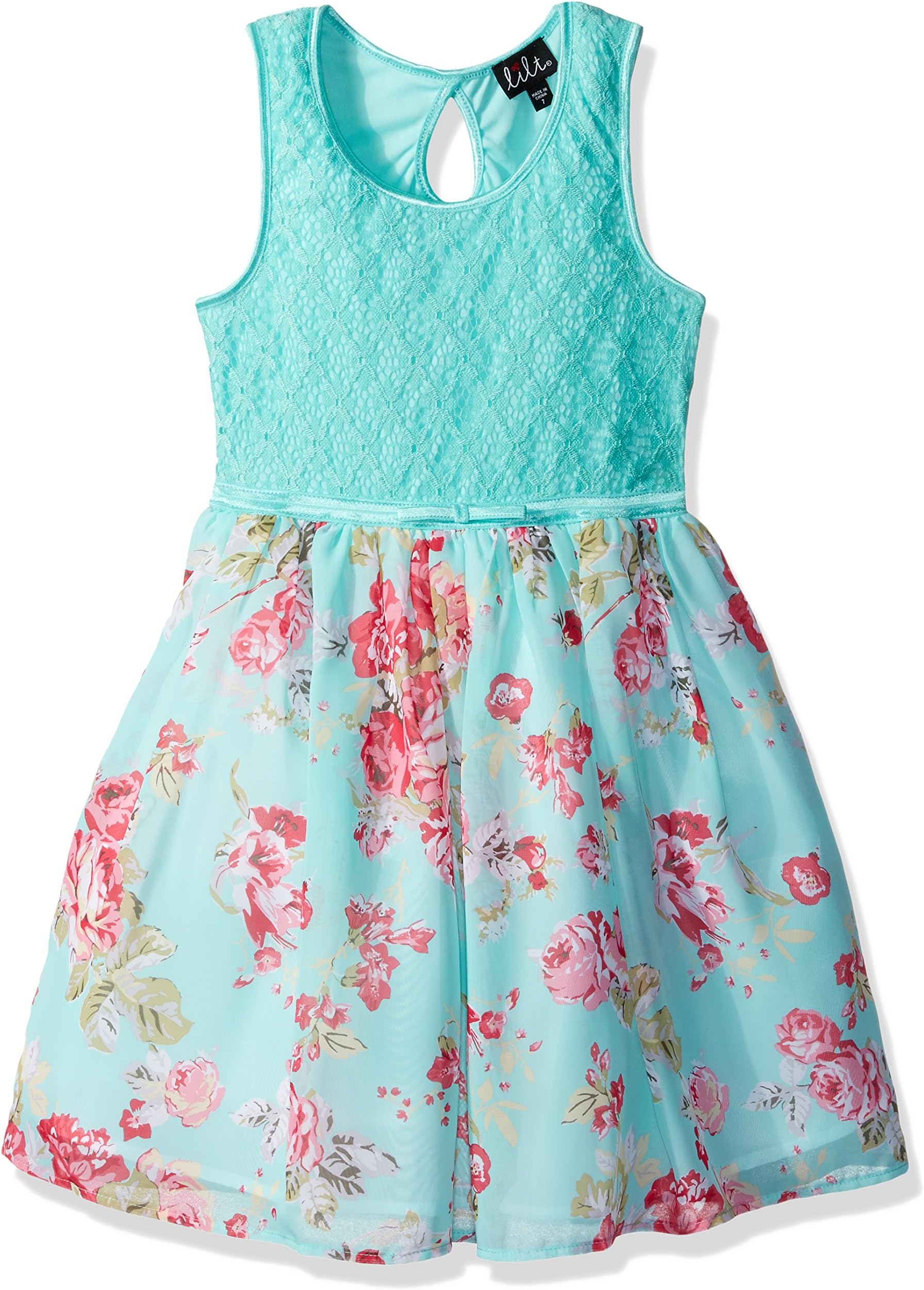 ZUNIE Girls' Crochet Knit to Woven Floral Dress with Bow