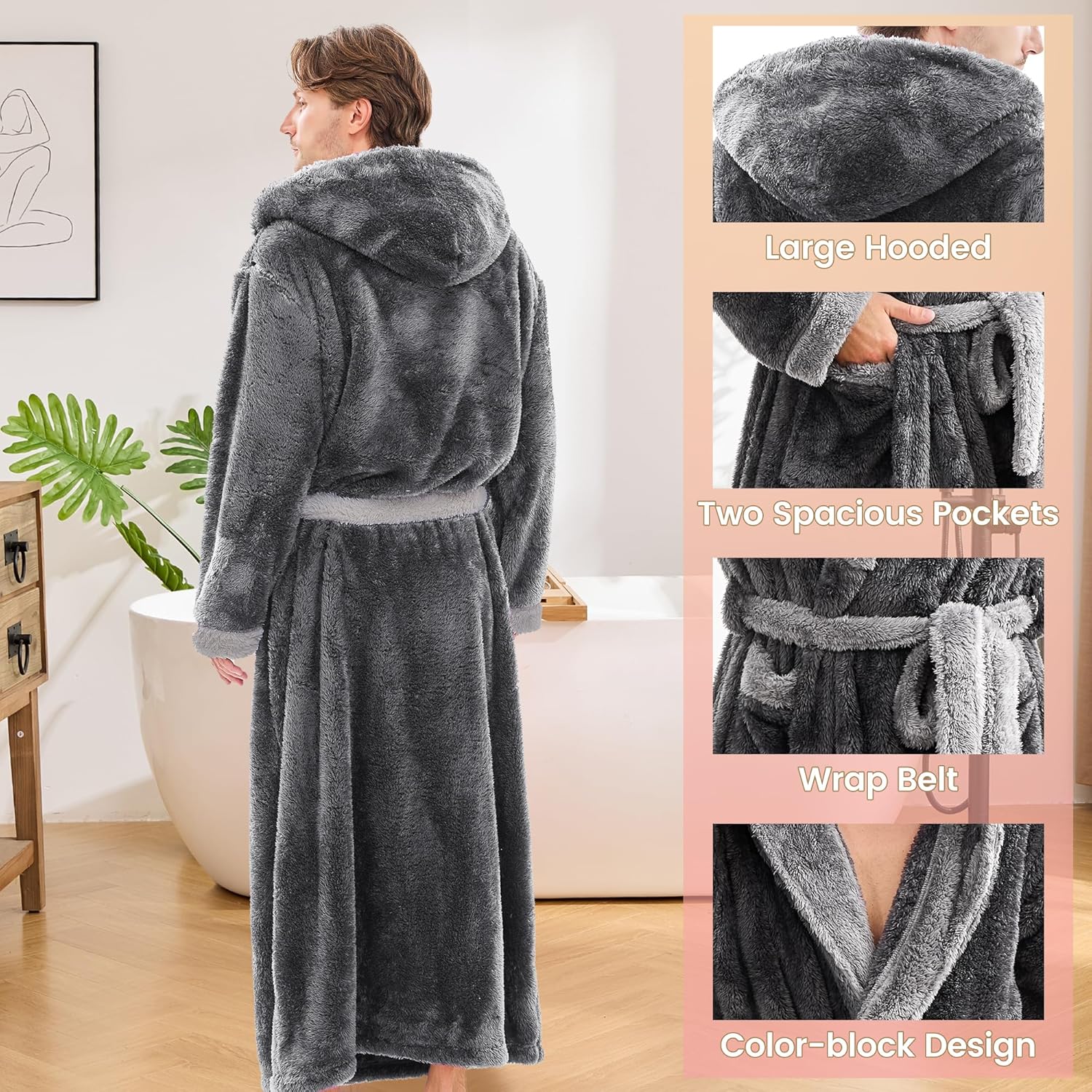 Mens Plush Robes Full Length, Big and Tall Fleece Hooded Bathrobe Warm Fluffy Cozy ... - Image 3