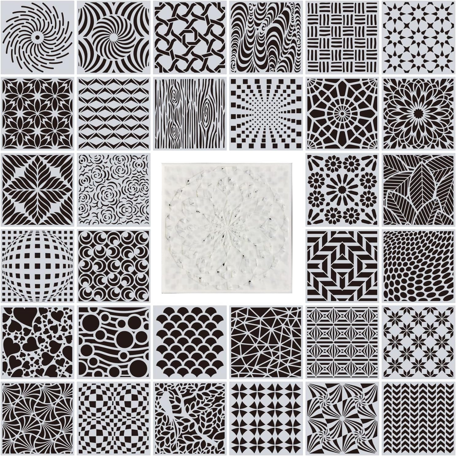 32 Pieces Geometric Stencils 8 x 8 Inch Painting Templates Mandala Stencil for Scrapbooking Cookie Tile Furniture Wall Floor Decor Craft Drawing Tracing DIY Art Supplies