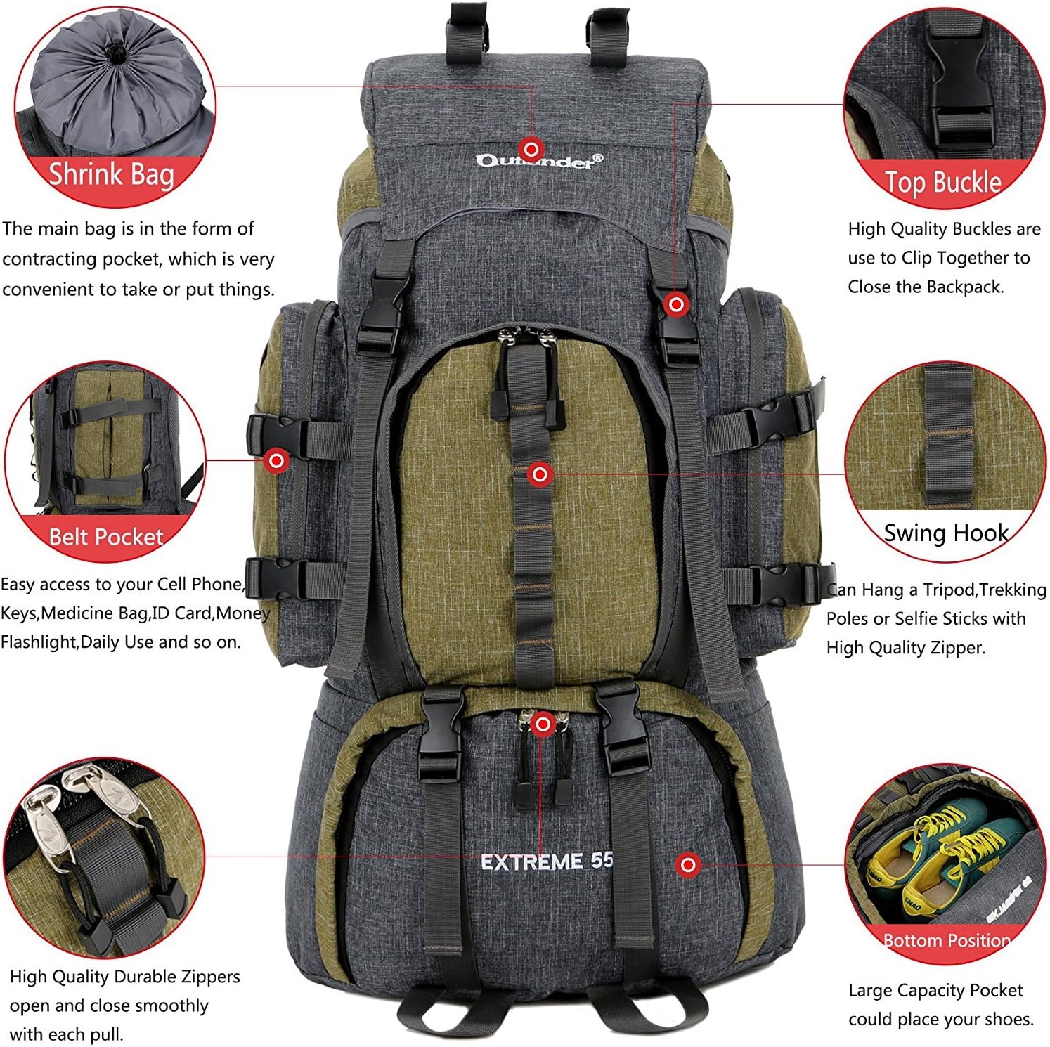 UNISTRENGH 55L Hunting Backpacks Internal Frame Hiking Backpacking Lightweight Water Resistant Travel Daypack with Rain Cover (Army Green)