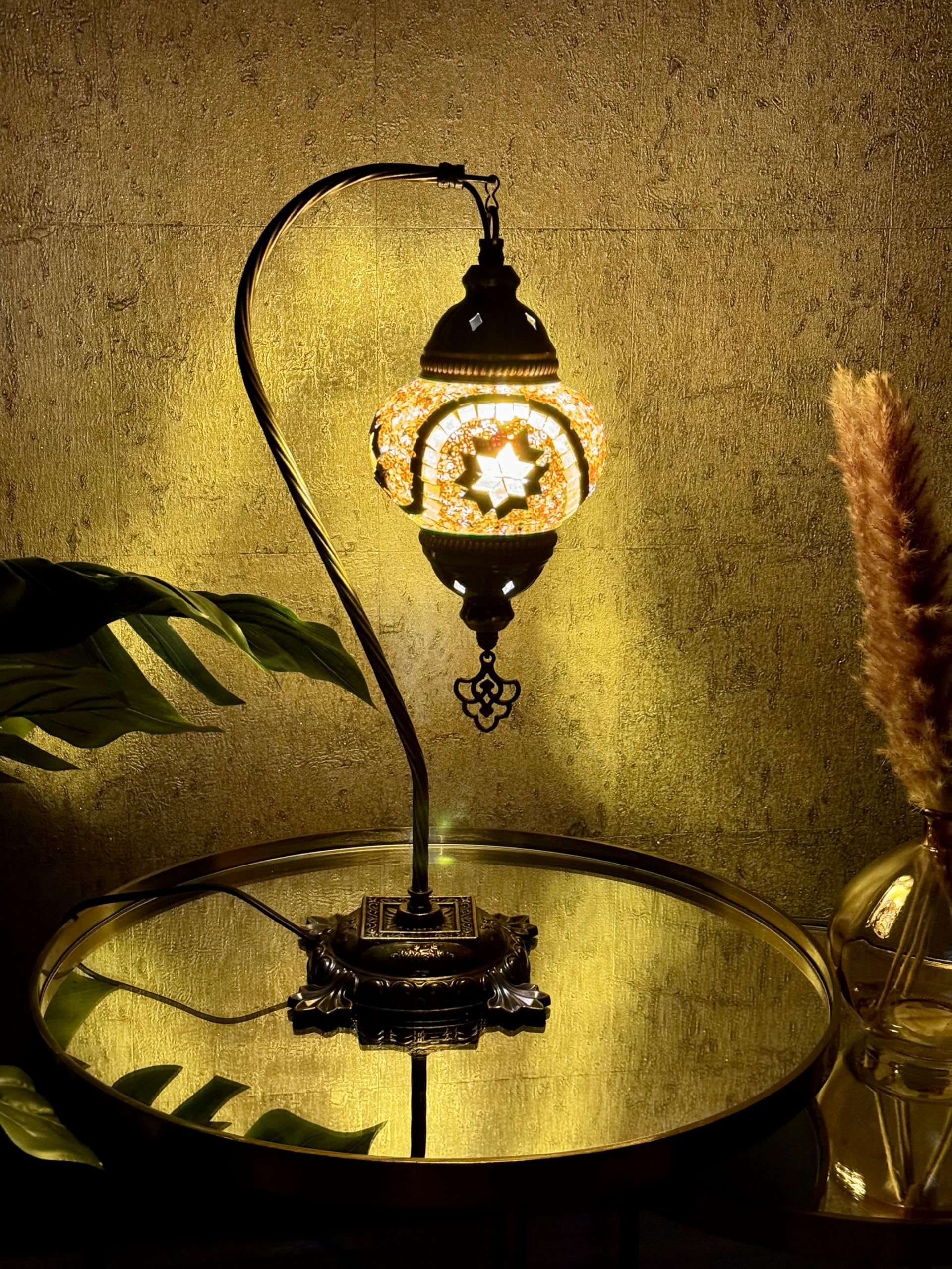 Lightza Handmade Turkish Moroccan Mosaic Desk Lamp LED Bulb | Swan Neck Unique Globe Lampshade Table Light | UK Tested Safe Energy Efficient (Golden & Black Double Star) โ image 1