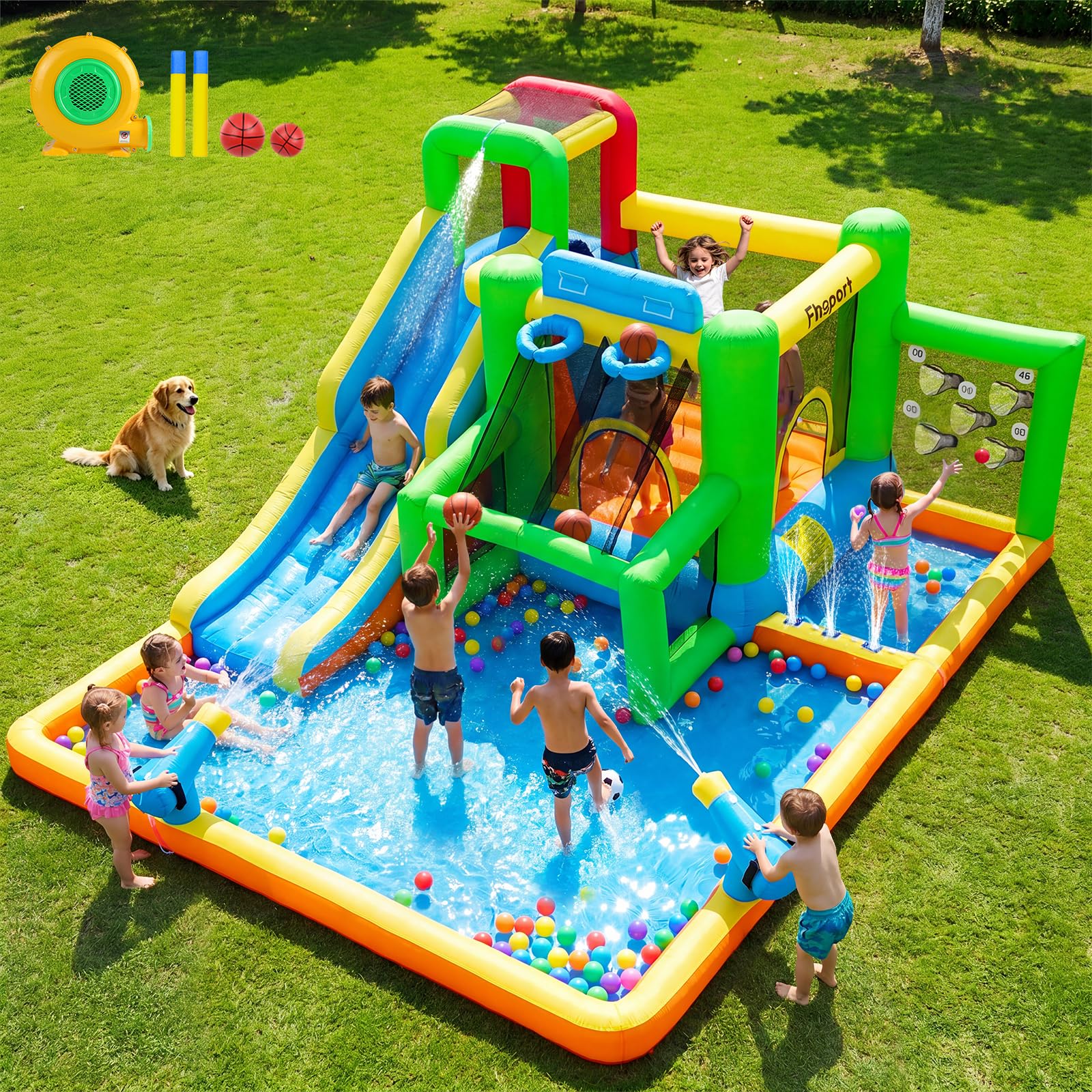 Photo 1 of FBSPORT Inflatable Bounce House Water Slide, Bounce House for Kids Indoor Outdoor Bouncy House with 550W Blower, Bounce Castle with Slide Ball Shooting, Water Gun, Splash Pool, Bounce Area, Hose
