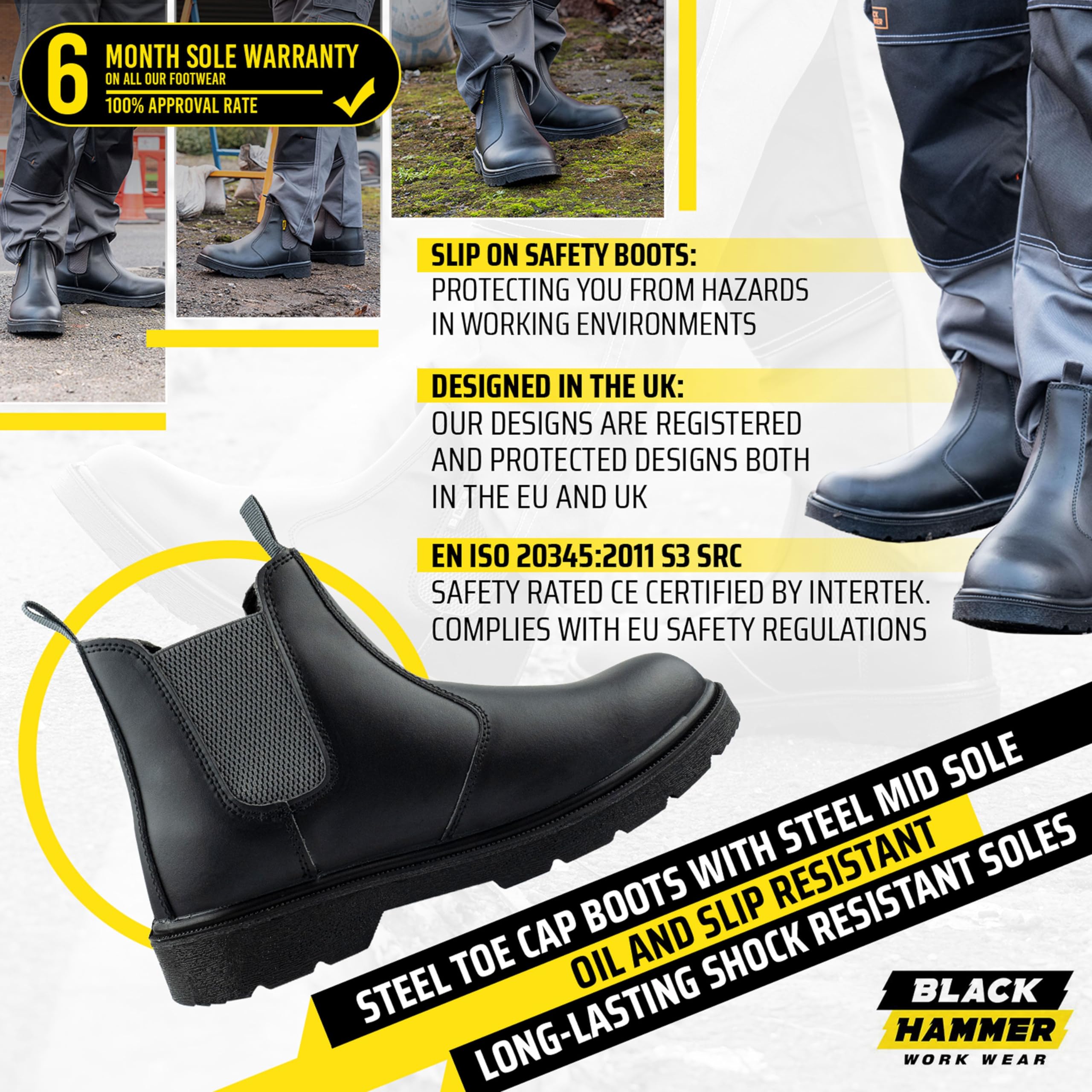 BLACK HAMMER Bottes de sécurité pour hommes Chelsea chaussures de travail en cuir bottines légères avec embout en acier S3 SRC 1600 Noir