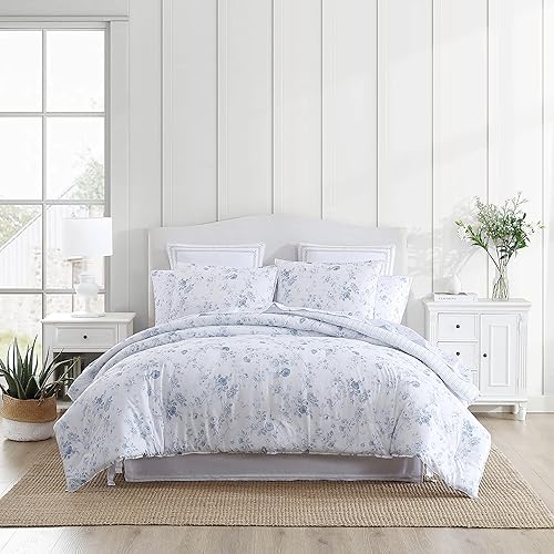 Laura Ashley - Juego de edredón King, ropa de cama reversible de algodón con fundas a juego, decoración del hogar de granja (azul Belinda, King)