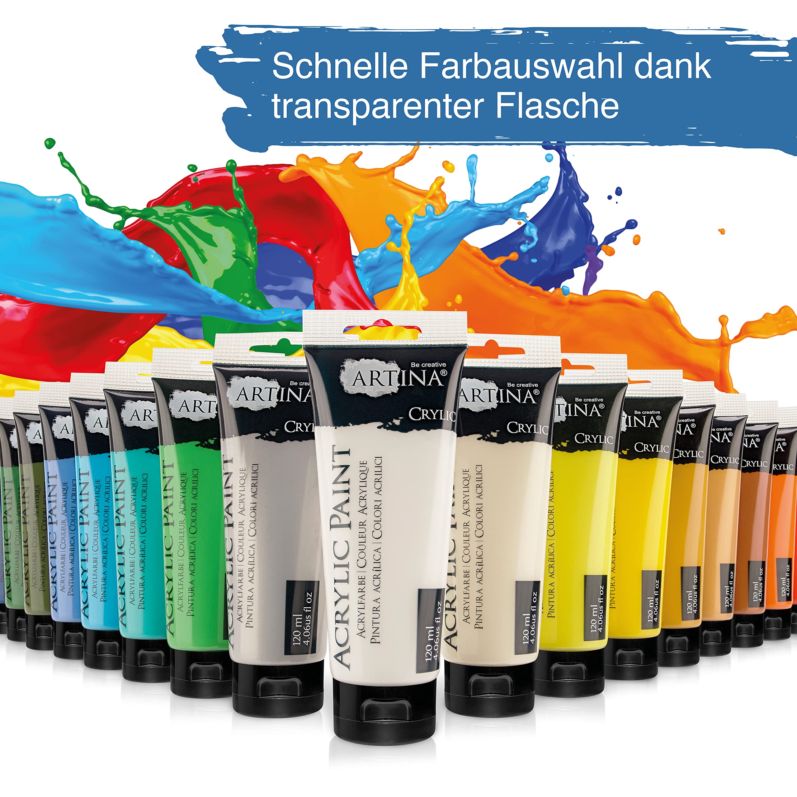 Artina 24er Acrylfarben Set Künstlerfarben Grundfarben Tuben wasserfest