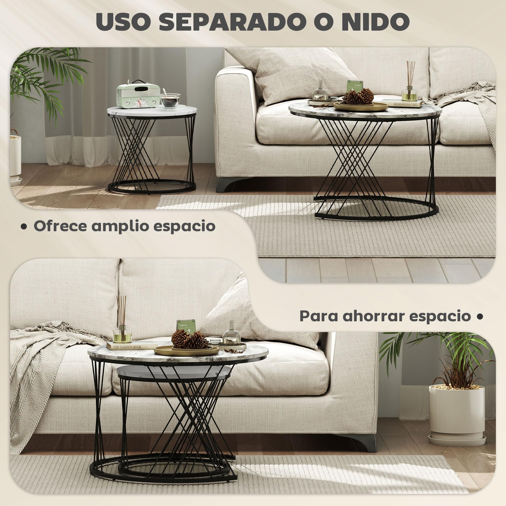 HOMCOM Juego de 2 Mesas Nido Mesas de Centro para Salón Redondas con Tablero con Diseño de Mármol Marco de Metal para Sala de Estar Dormitorio Gris y Blanco