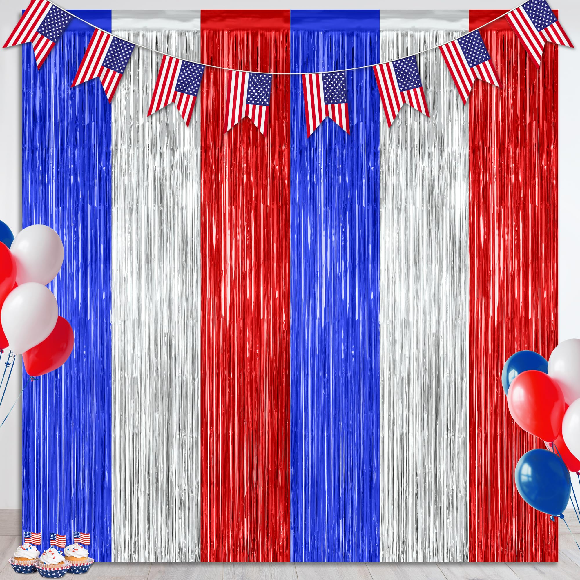 2 Pack 4th of July Party Supplies, 3.28 FT x 7.05 FT 4th of July Tinsel Backdrop, Blue Silver Red Color Fringe Curtains Streamer Backdrop, 4th of July Photo Backdrop Party Decorations