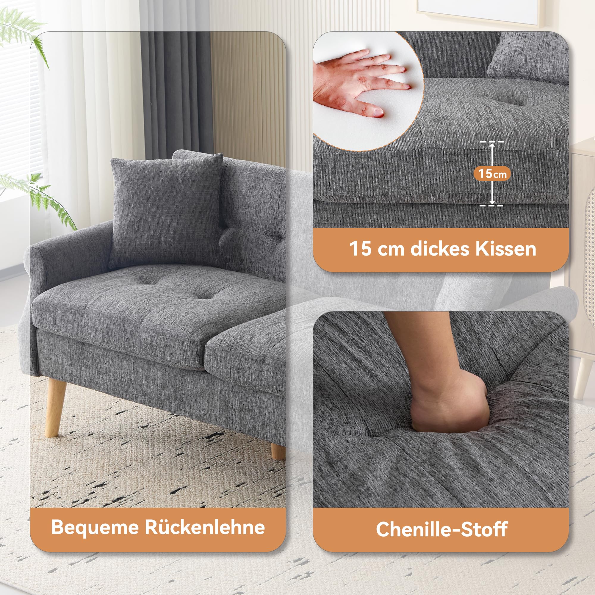 Modern Sofa mit Dicken Kissen, Doppelsofa mit Sofa-Beine aus Massivholz, Loveseat für Wohnzimmer, Schlafzimmer, Wohnung usw. Chenille, Grau-A, 162x74x77 cm