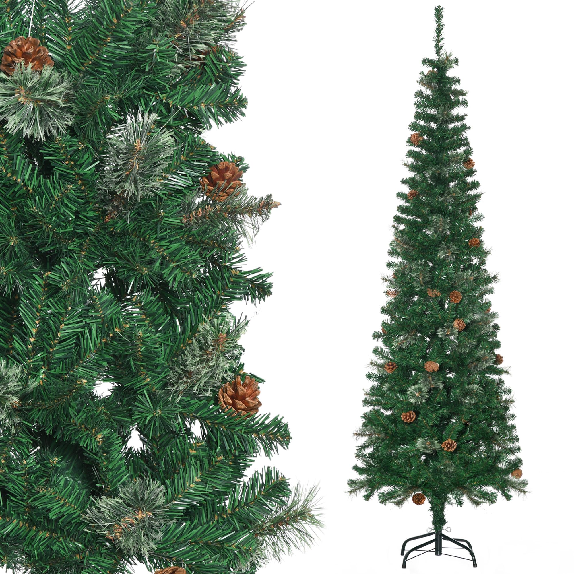 HOMCOM Sapin Arbre De Noël Artificiel 195 cm 556 Branches Vert | 27 Pommes De Pin, Support Pied Pliable