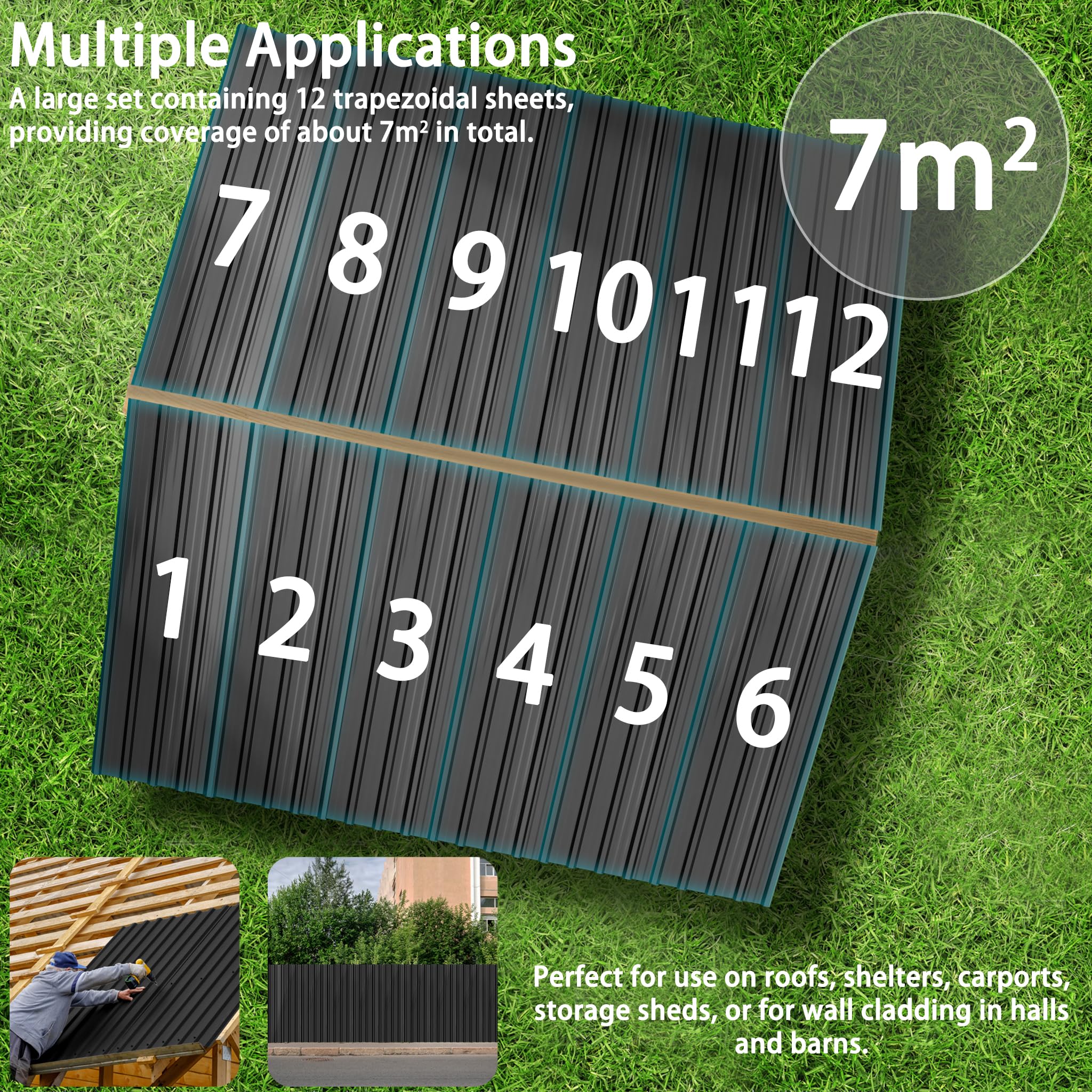 FIVMEN 12x Chapa trapezoidal 1295x450mm galvanizado Lámina para techo Placas de chapa ondulada para techo con guantes y tornillos Placas de techo Chapa ondulada Chapa ondulada 7m², Negro