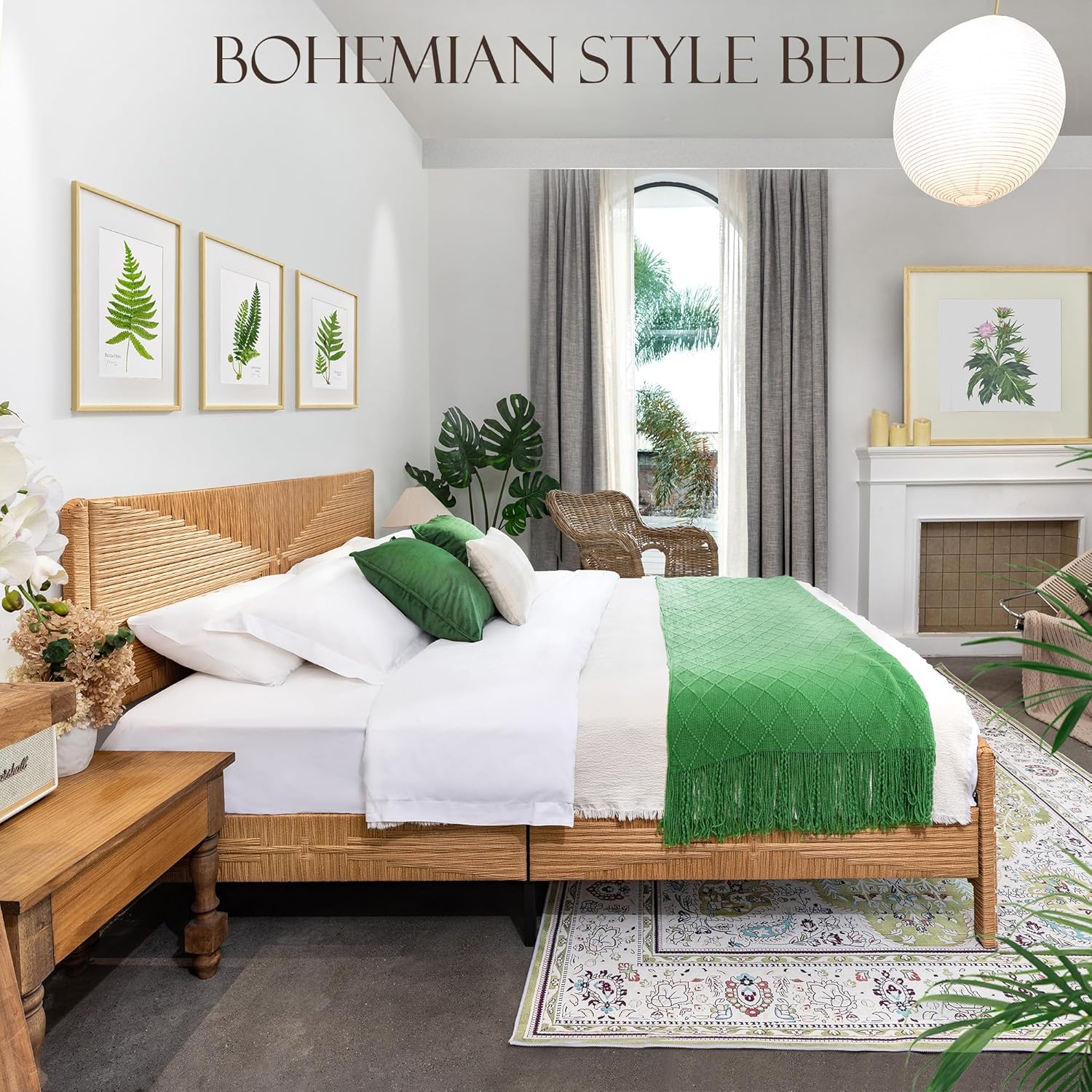 Yechen Hand-Woven PE Rattan King Bed Frame with Headboard and Footboard, Boho Mid Century Modern Bedframe with Vintage Pattern, Wicker Bed with Metal Frame and Slats, No Box Spring Needed, 1000lbs