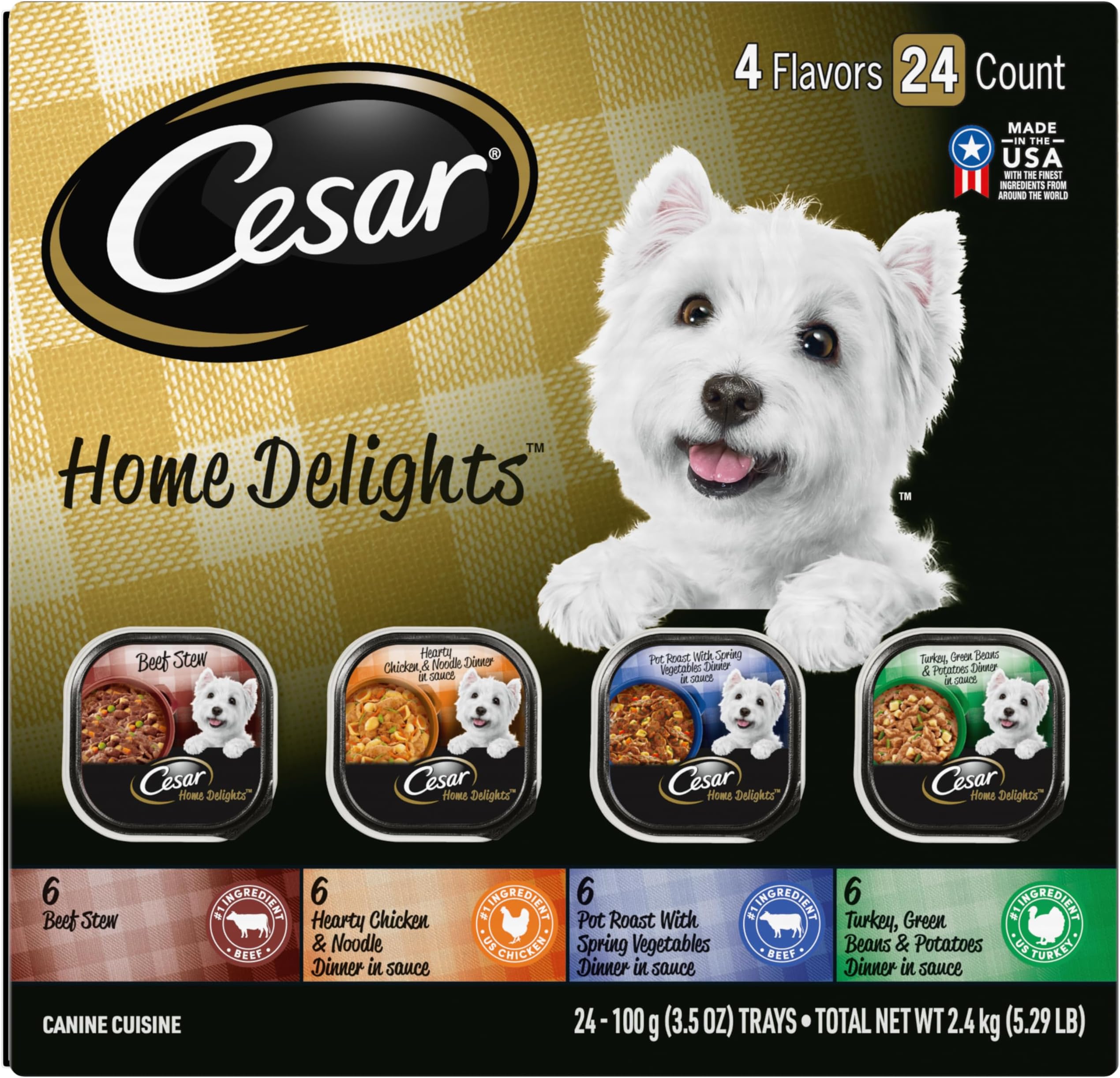 HOME DELIGHTS Soft Wet Dog Food Pot Roast & Vegetable, Beef Stew, Turkey Potato & Green Bean, and Hearth Chicken & Noodle Variety Pack, (24) 3.5 oz. Easy Peel Trays