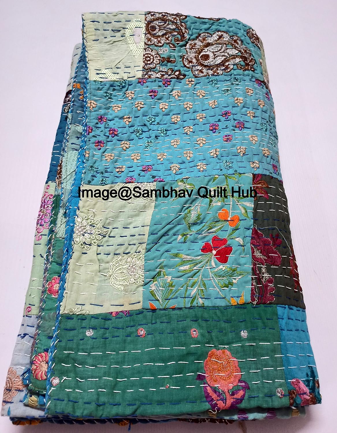 Turquoise Handmade Vintage Silk Sari Jari Patchwork Khambhadiya Kantha Quilting Embroidery Kantha Quilt Reversible Bed Cover Assoted Kantha Quilt Throw Blanket Twin/Queen/King (108X108 inch)