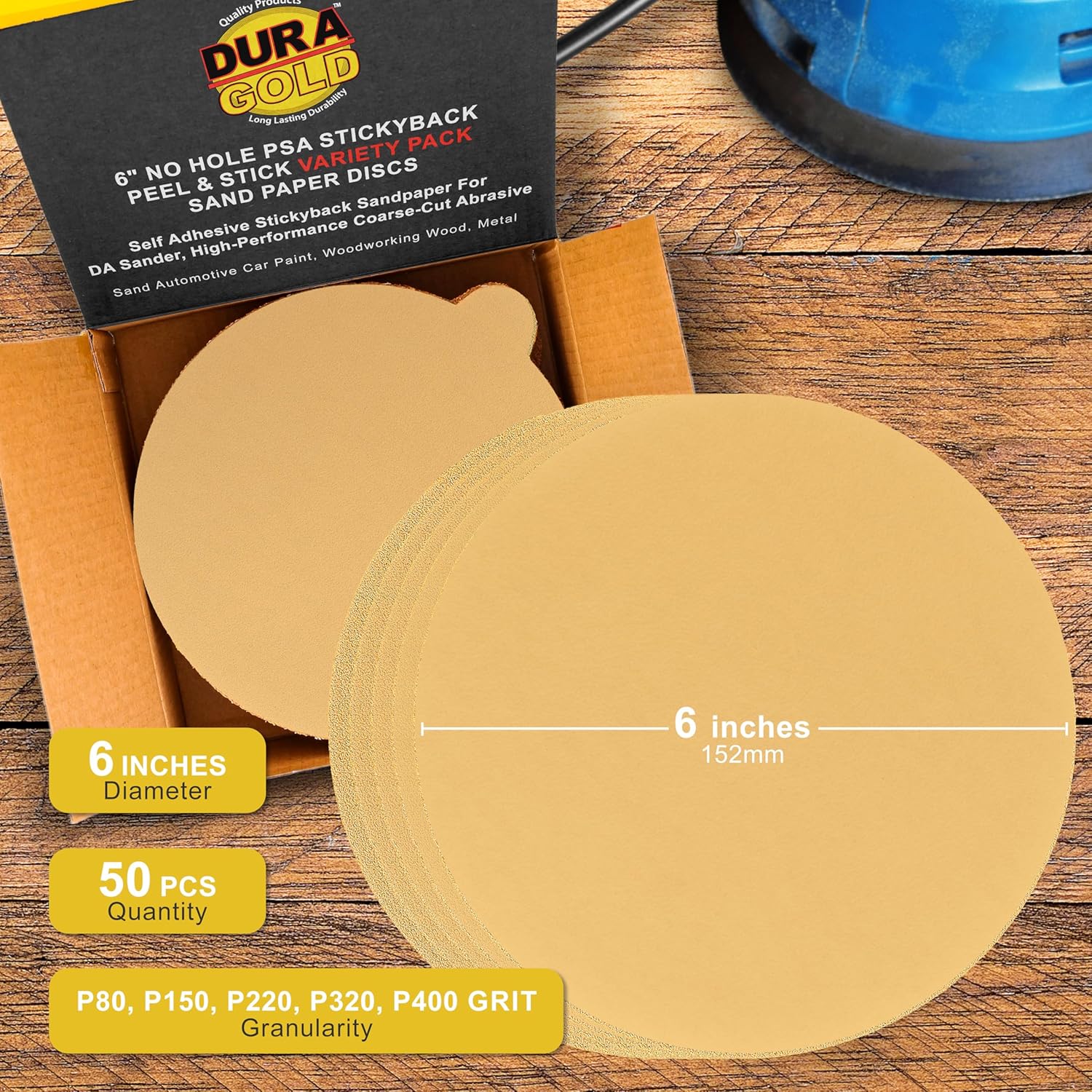 Dura-Gold Premium 80, 150, 220, 320, 400 Grit 6" Gold PSA Sanding Discs, 10 Each, 50 Total - Self Adhesive Stickyback Sandpaper Discs for DA Sander, Sand Automotive Car Paint, Woodworking Wood, Metal