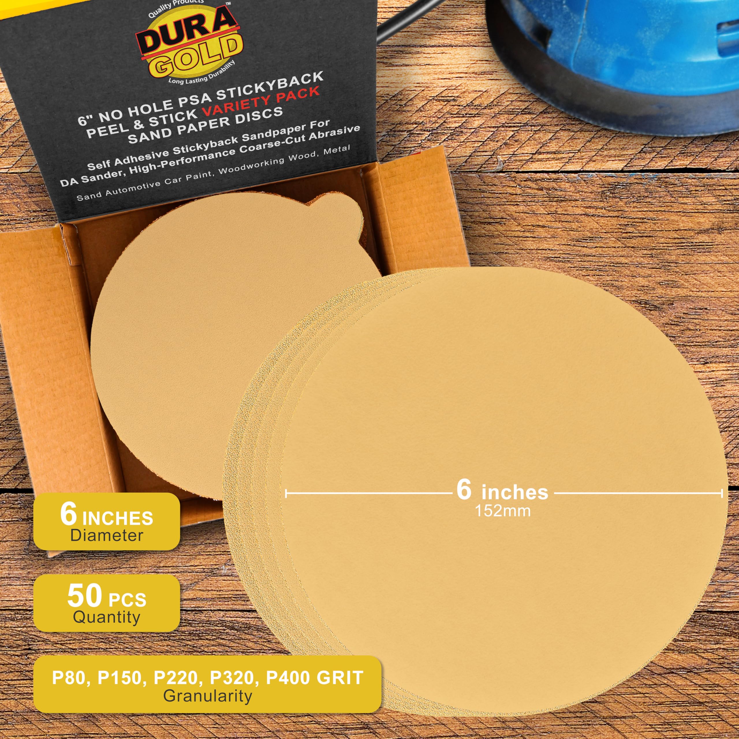 Dura-Gold – Premium – 80 Grit 6"Oro PSA Autoadhesivo Adhesivos Discos de Lija para DA Sanders – Caja de 50 Discos de Acabado de Papel de Lija para automoción y carpintería