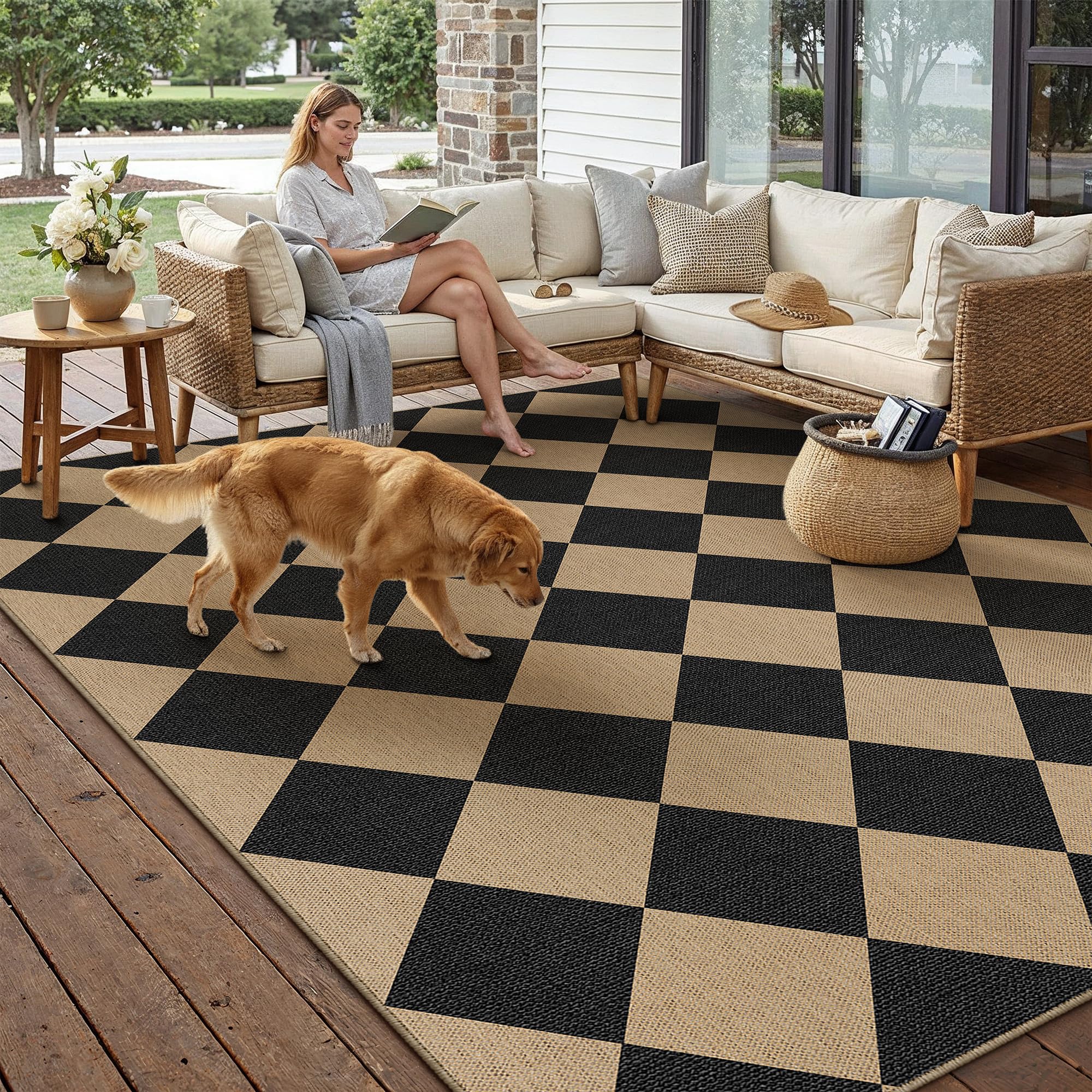 Photo 1 of PureCozy 9x12 Black Checkered Washable Area Rug Indoor Outdoor Non Slip
