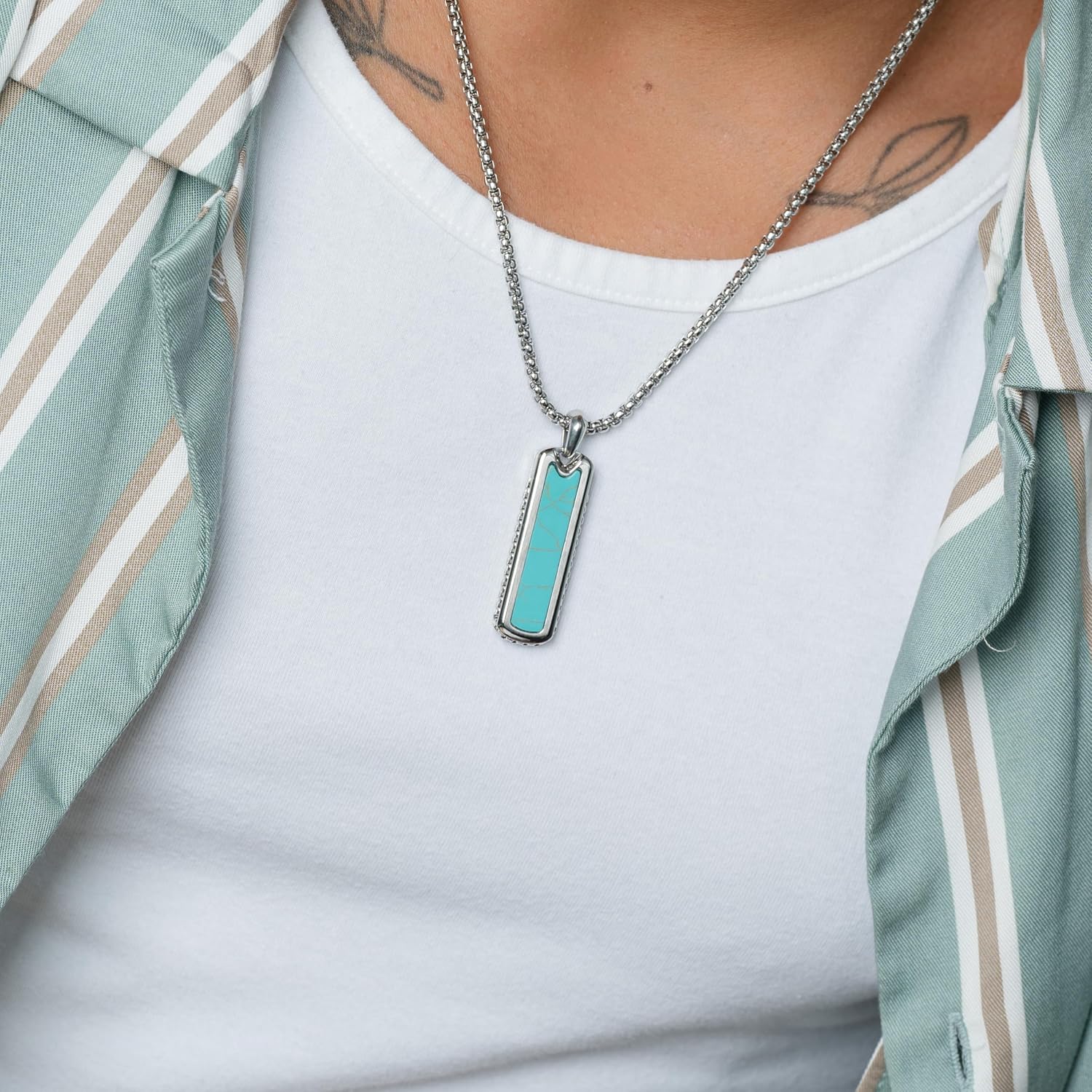 RTZN® Turquoise Necklace for Men – Premium Mens Turquoise Necklace Dog Tag Pendant with Stainless Steel Box Chain 22" Inch + 2" Extension - Mens Western Necklace