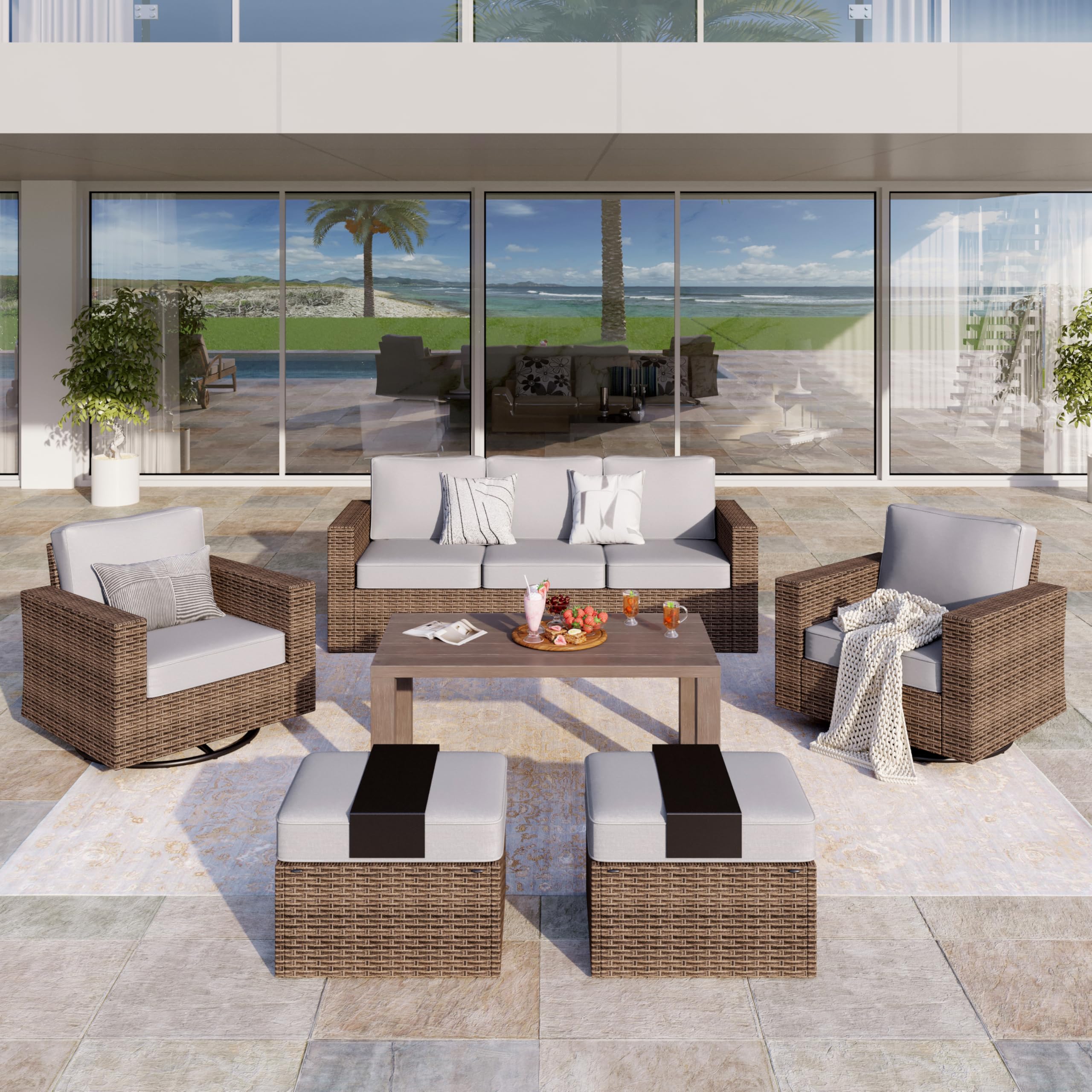6-Piece Patio Furniture Set, Grey Wicker Conversation Set