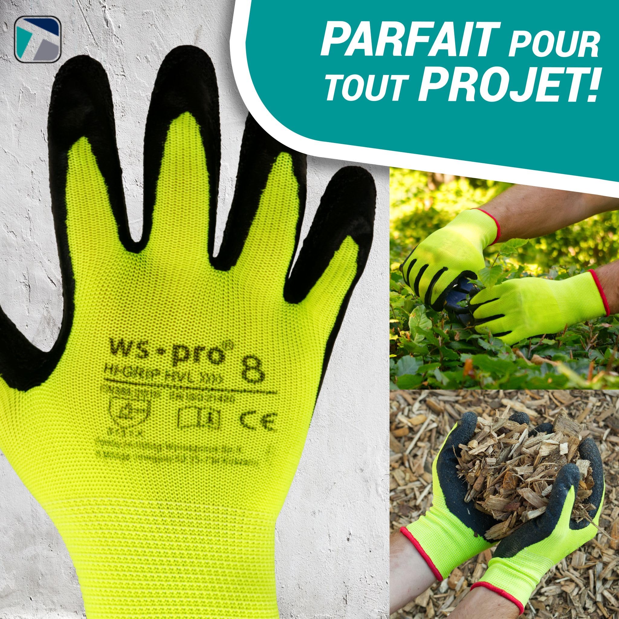 Trevendo 60 paires de gants de travail - gants de montage jaune fluo avec revêtement latex (Taille 8)