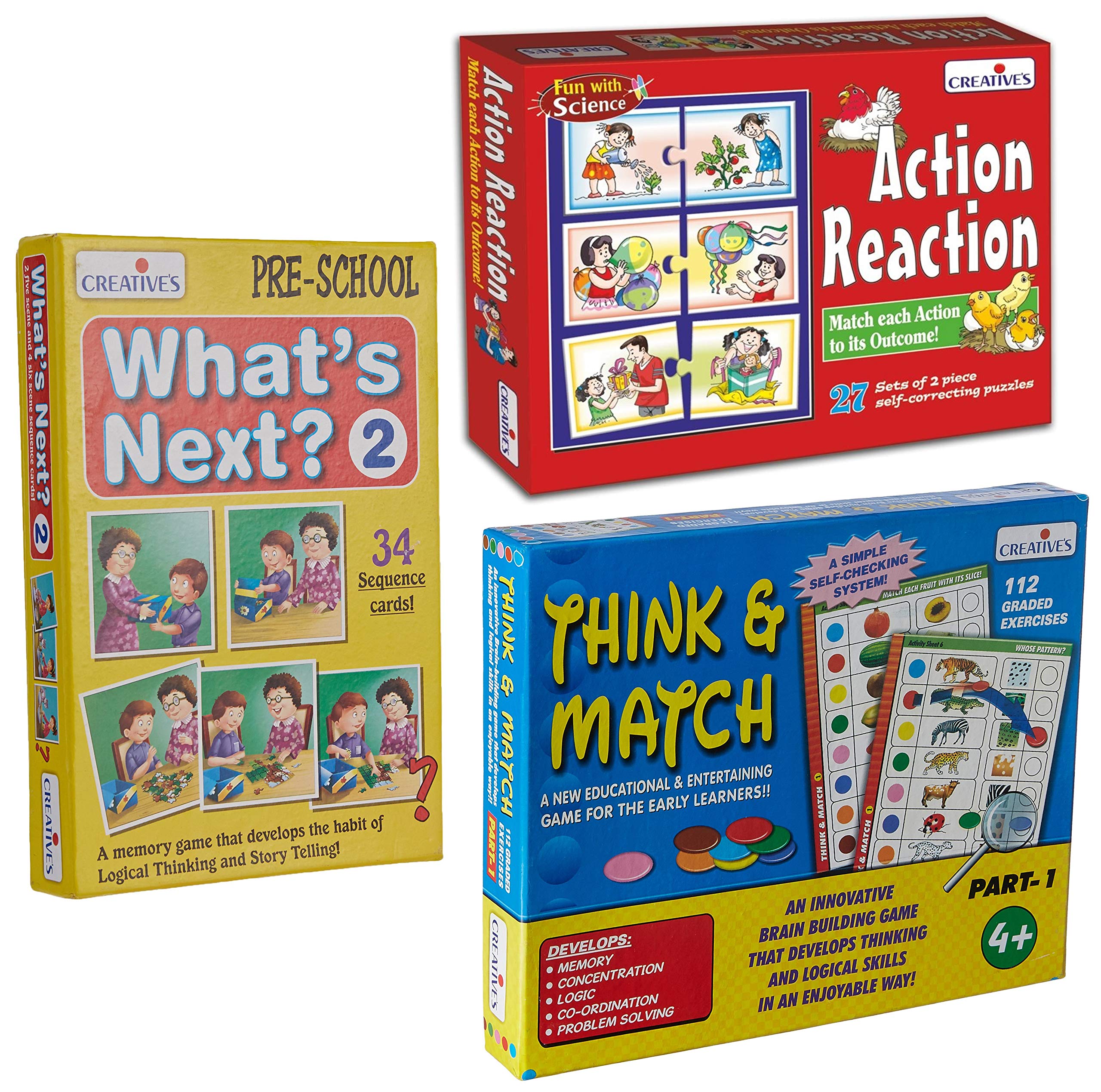 Creative Educational Aids P. Ltd. - CRE0989 Action And Reaction Puzzle (Multi-Color, 54 Pieces) & CRE1058 Think And Match - 1 (Multi-Color) & CRE0686 What's Next - 2 Card Game (Multi-Color, 34 Pieces)