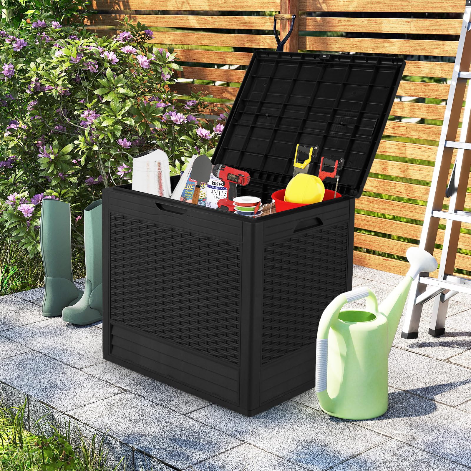 thumbnail: COSTWAY Tuinbox 96 Liter - Waterdichte Opbergbox Met Rotanlook En Afsluitbaar Deksel, Zwart