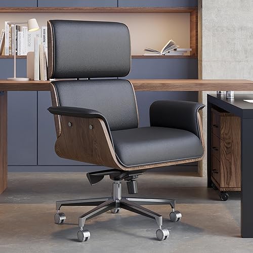 Desk Chair Black Wooden Adjustable Height Swivel Upholstered - Faux Leather Office Chair with Walnut Wood Panels and Smooth-Rolling Casters for Home Office