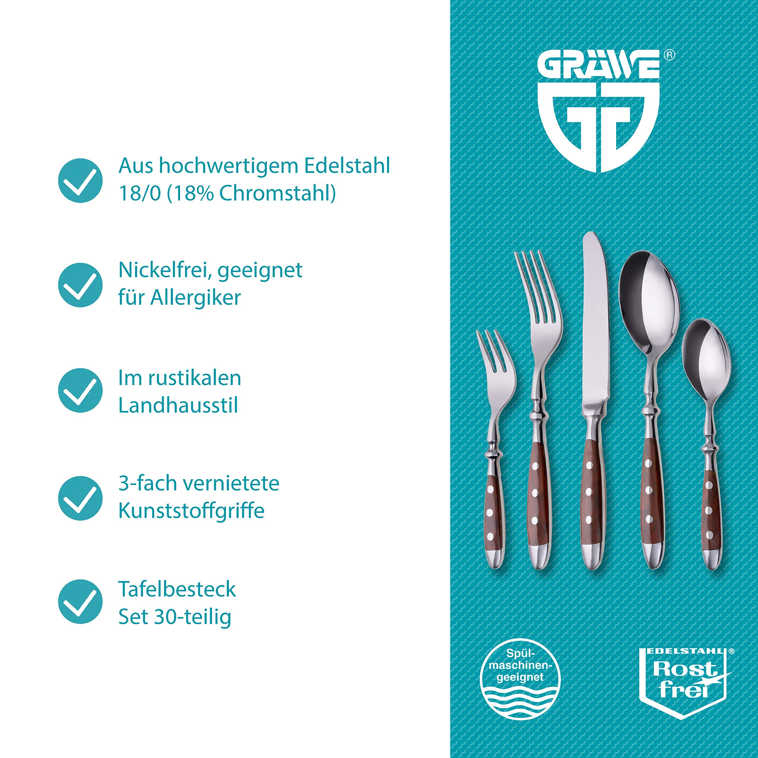 GRÄWE Zestaw sztućców dla 6 osób ze stali nierdzewnej, ciężki, rustykalny, 30-częściowy, kute sztućce z brązowymi uchwytami - seria Norymberg