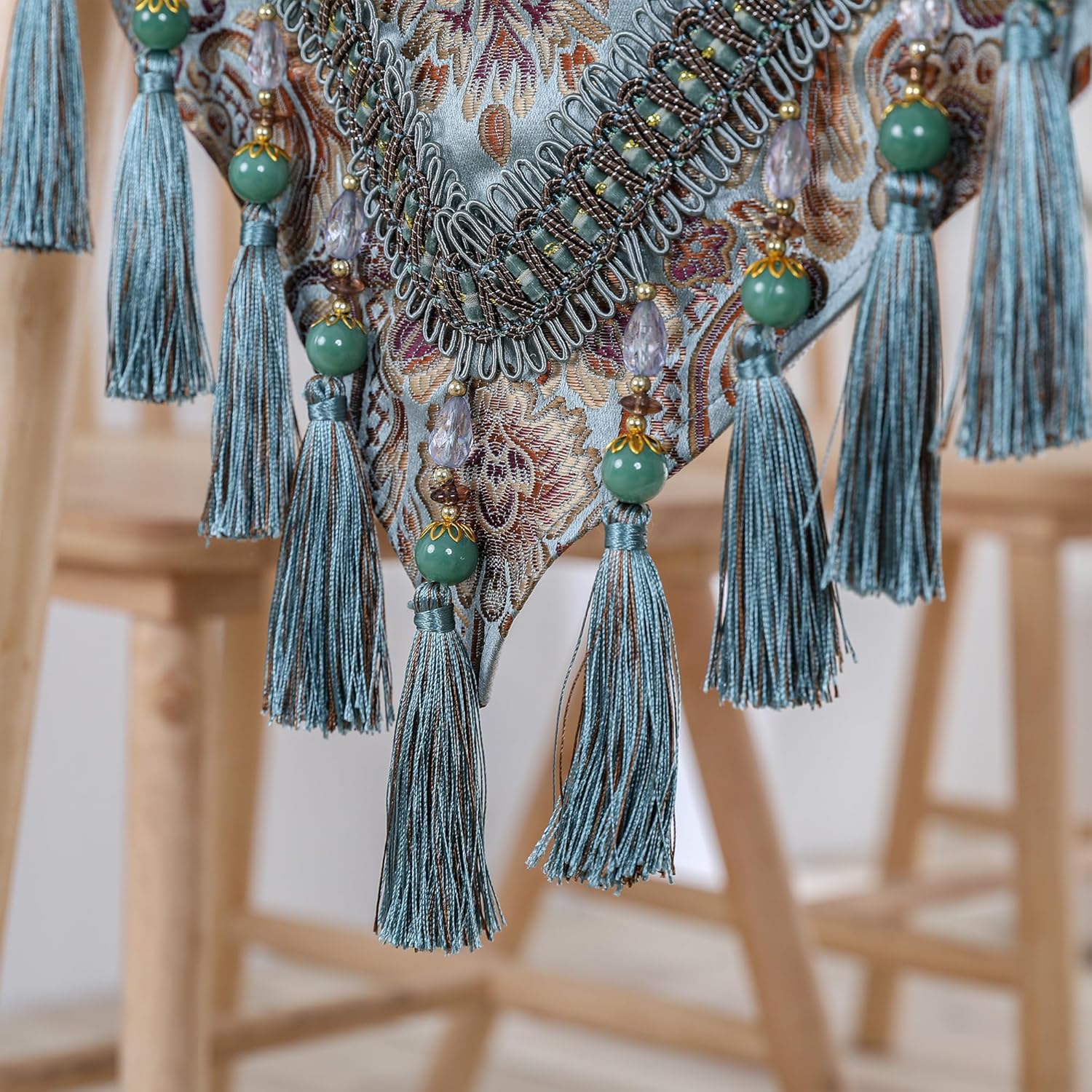 Luxury Vintage Table Runner Embroidery Jacquard Fabric with Multi-Tassels Table Runners for Dining Room Dresser Wedding Holiday Party Fireplace Decorations-Blue, 13x78 inch