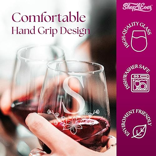 Miniatura 148 de Copa de vino con monograma floral grabada con letra inicial sin tallo, 15 onzas, regalo personalizado con monograma personalizado (A)