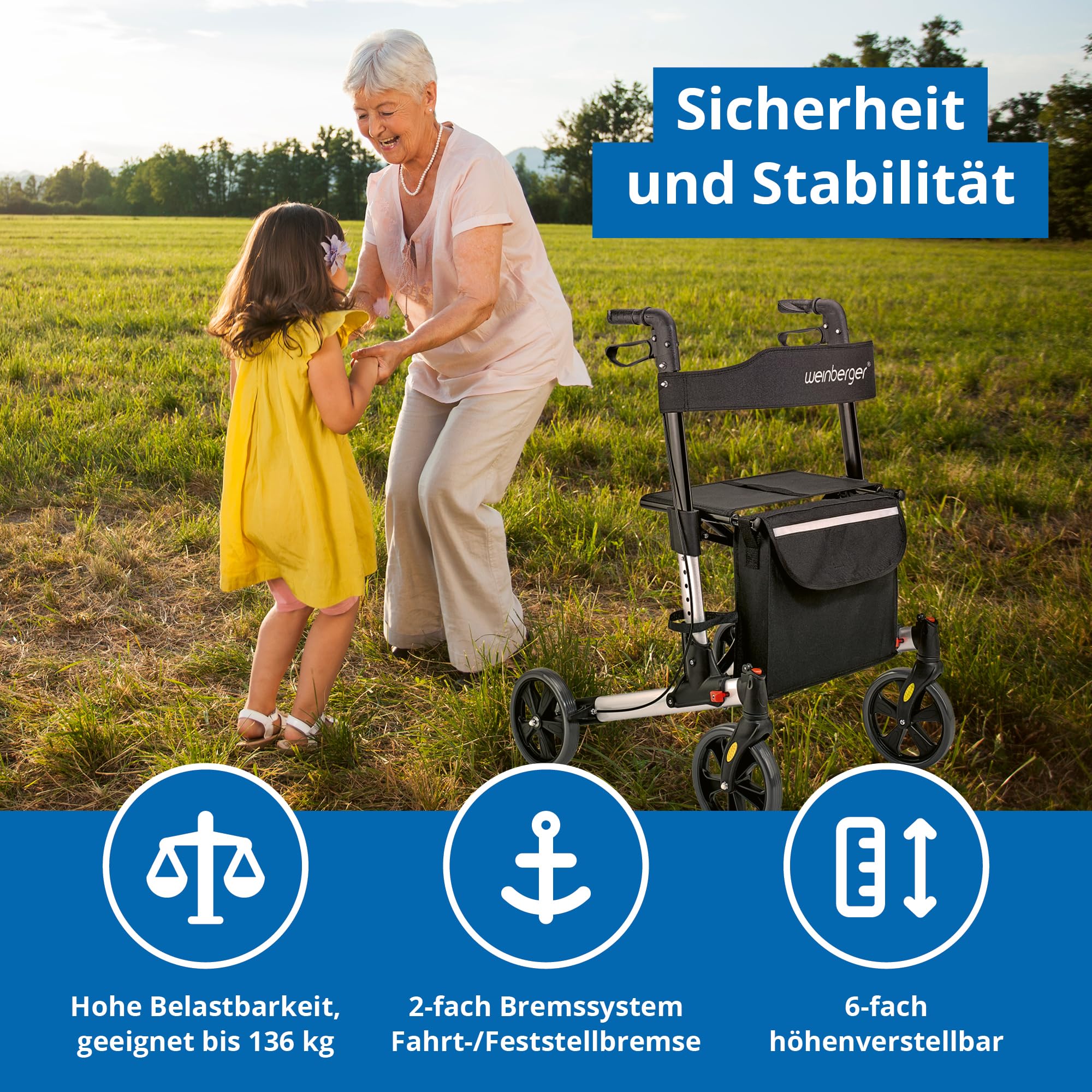 Weinberger Rollator faltbar und leicht mit Sitz | Tasche, Griff, klappbar mit 20cm Reifen für alle Gelände | Höhenverstellbarer Indoor & Outdoor Rollator für Senioren | Gehhilfe, Laufhilfe