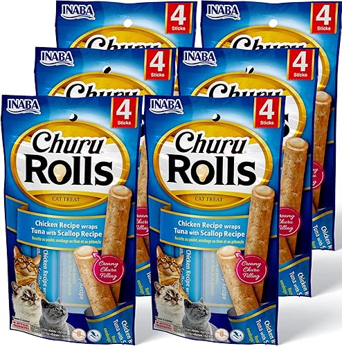 INABA Rollos de Churu para gatos, sin granos, suaves y masticables, rellenos de churú rellenos de pollo al horno, 0.35 onzas cada palo, 24 palos en
