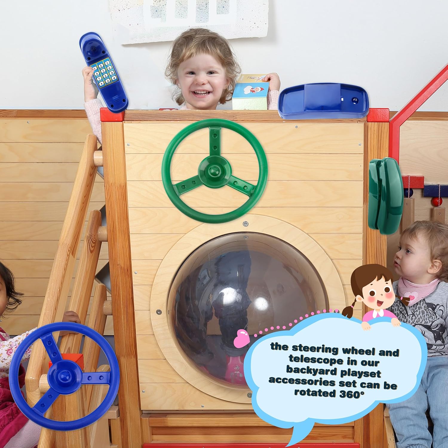 4 Pack Playground Accessories for Kids Outdoor Playground Steering Wheel Priate Ship Wheel Plastic Telephone Phone Toy Swing Set for Playground Backyard Playhouse Tree House (Green,Blue)