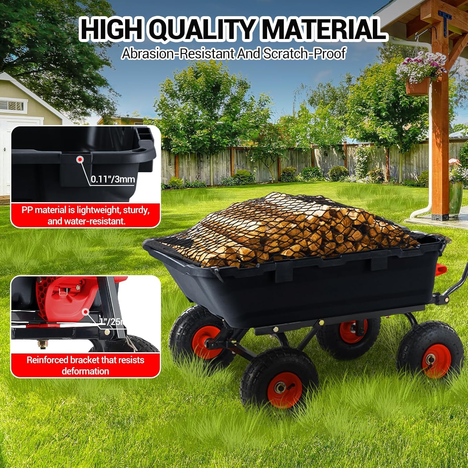 900 Lbs Garden Dump Cart with 10In Tires, Heavy Duty Poly Yard Cart with 180°Rotating Handle and Quick Release System, Utility ATV Trailer for Plants, Soil, Sand, in Courtyard, Farm