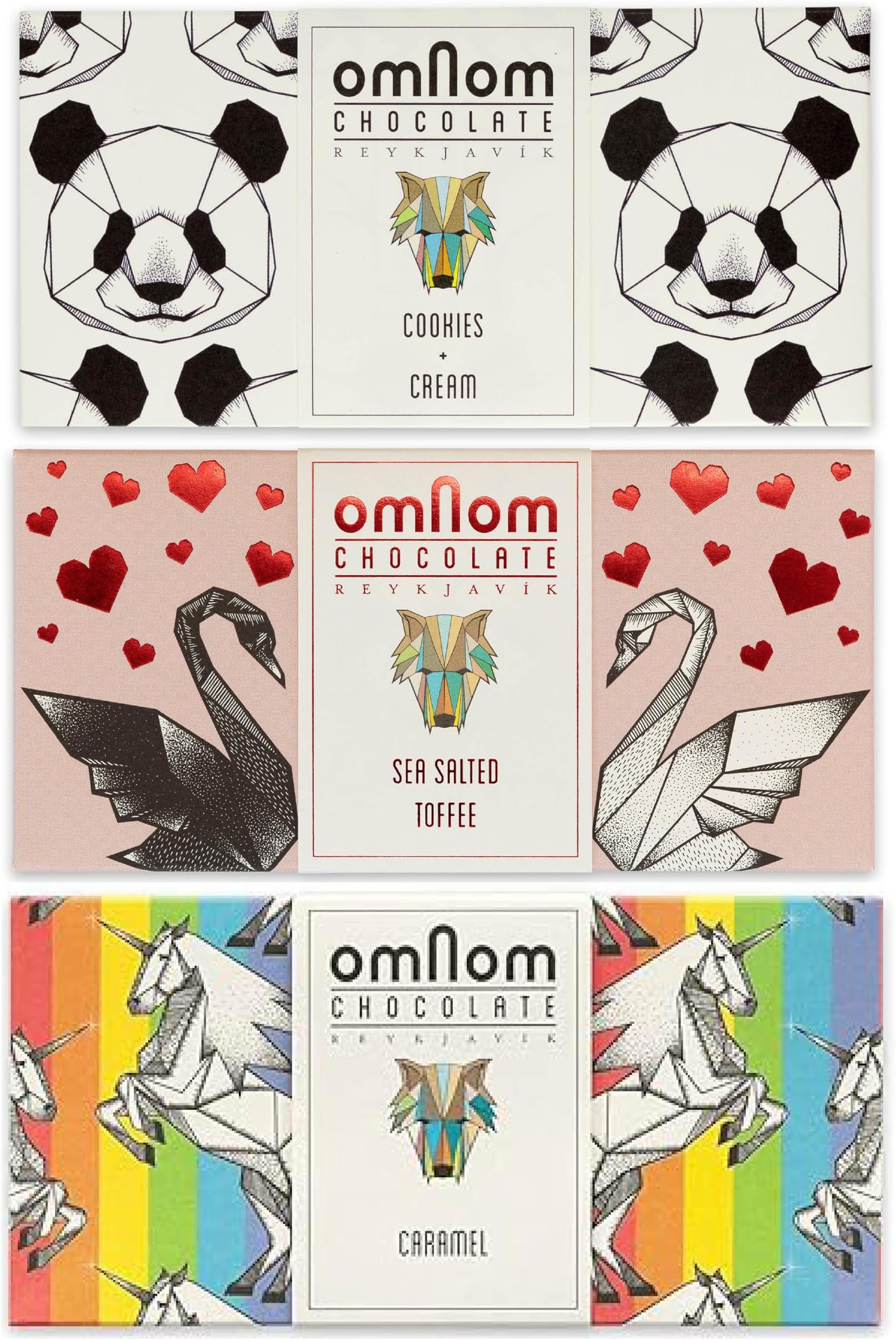 OmNom Best Sellers Trio | Toffee + Sea Salt, Caramel Pride Bar, Cookies + Cream | Icelandic Bean To Bar Chocolate by OMNOM CHOCOLATE REYKJAVIK | 3 x 60g Bar